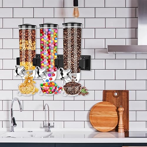 Miniatura 3 de Dispensador de cereales, dispensadores de dulces de tres cámaras con 3 tazas, dispensador de alimentos secos montado en la pared, dispensador de