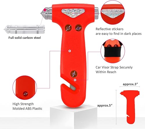 Miniatura 3 de ZEN HON Martillo de seguridad para automóvil para dama, paquete de 2 herramientas de escape de emergencia 3 en 1 rojas con rompeventanas y cortador