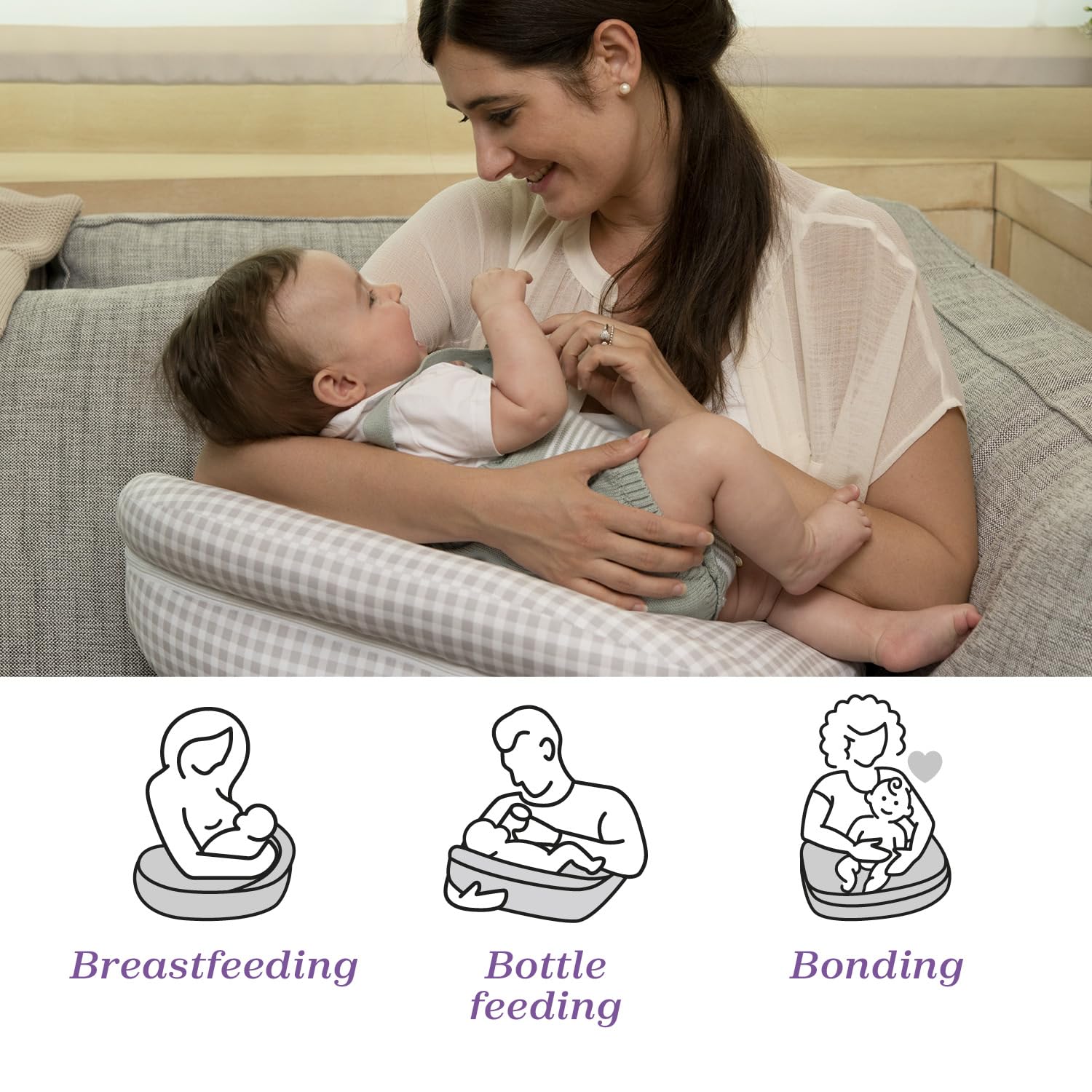 Boppy Cojín Deluxe de Lactancia para Bebés de 0+ Meses, Forma Ergonómica con Soporte para Mamá y Bebé, Soporte Bebé para la Lactancia Materna y con Biberón