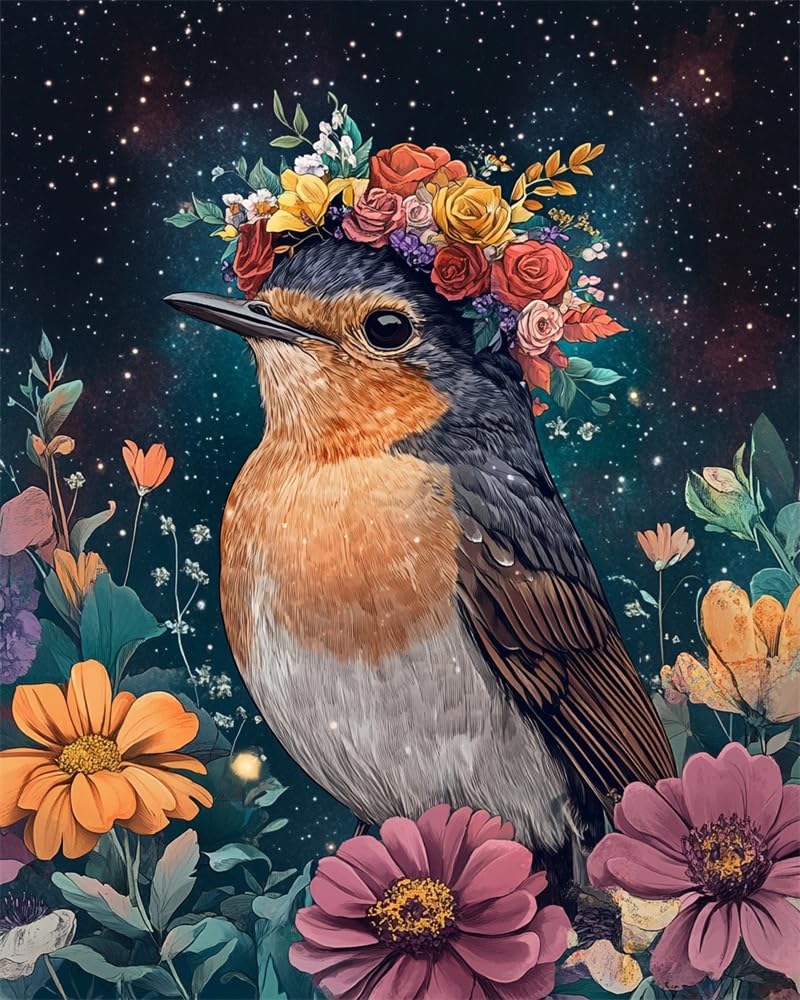 Henypt 11Ct DIY Stamped Cross Stitch Kit Embroidery Kit Robin Bird Wearing A Floral-Wreath Hat Counted Cross Stitch Kits Oil Painting Counted Cross Stitch Kits for Adults Beginners, Stamped Printed
