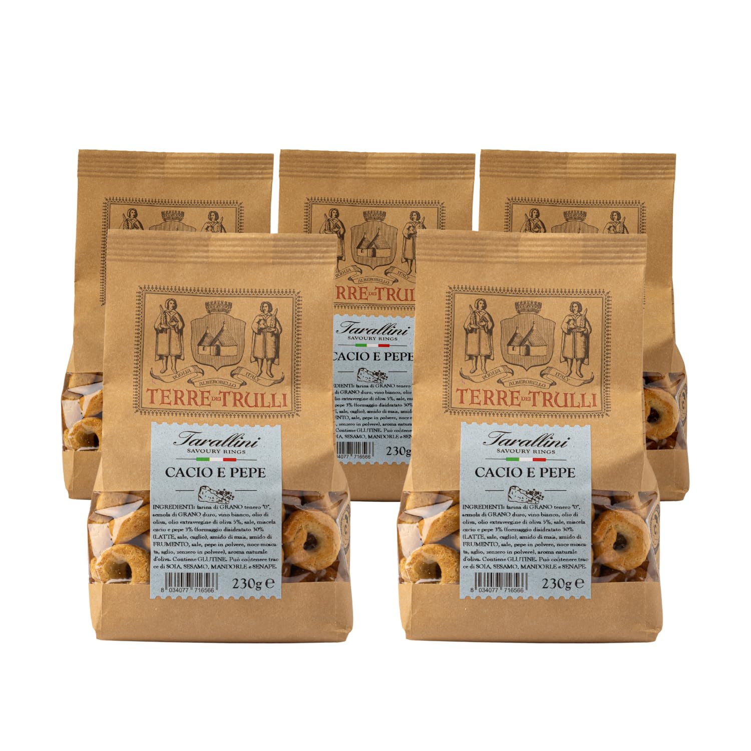 Terre Dei Trulli Tarallini Cacio E Pepe - 5 Confezioni Da 230g | Taralli Pugliesi Per Una Merenda Veloce E Gustosa | Snack Salati Per Un Aperi Snack Genuino | Tarallini Artigianali