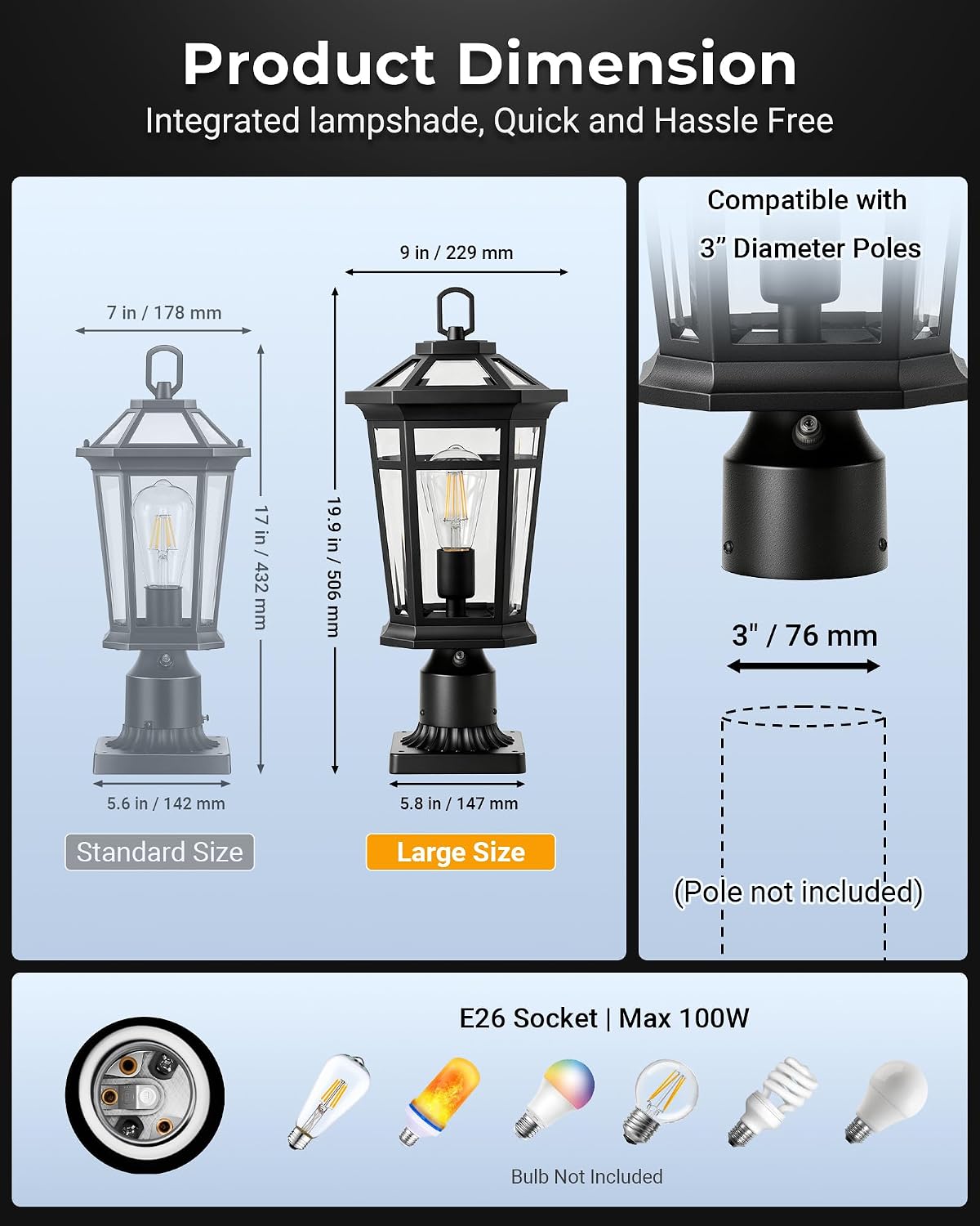 VIANIS Large Outdoor Post Lights, Aluminum Exterior Lamp Post Light Fixture image 2