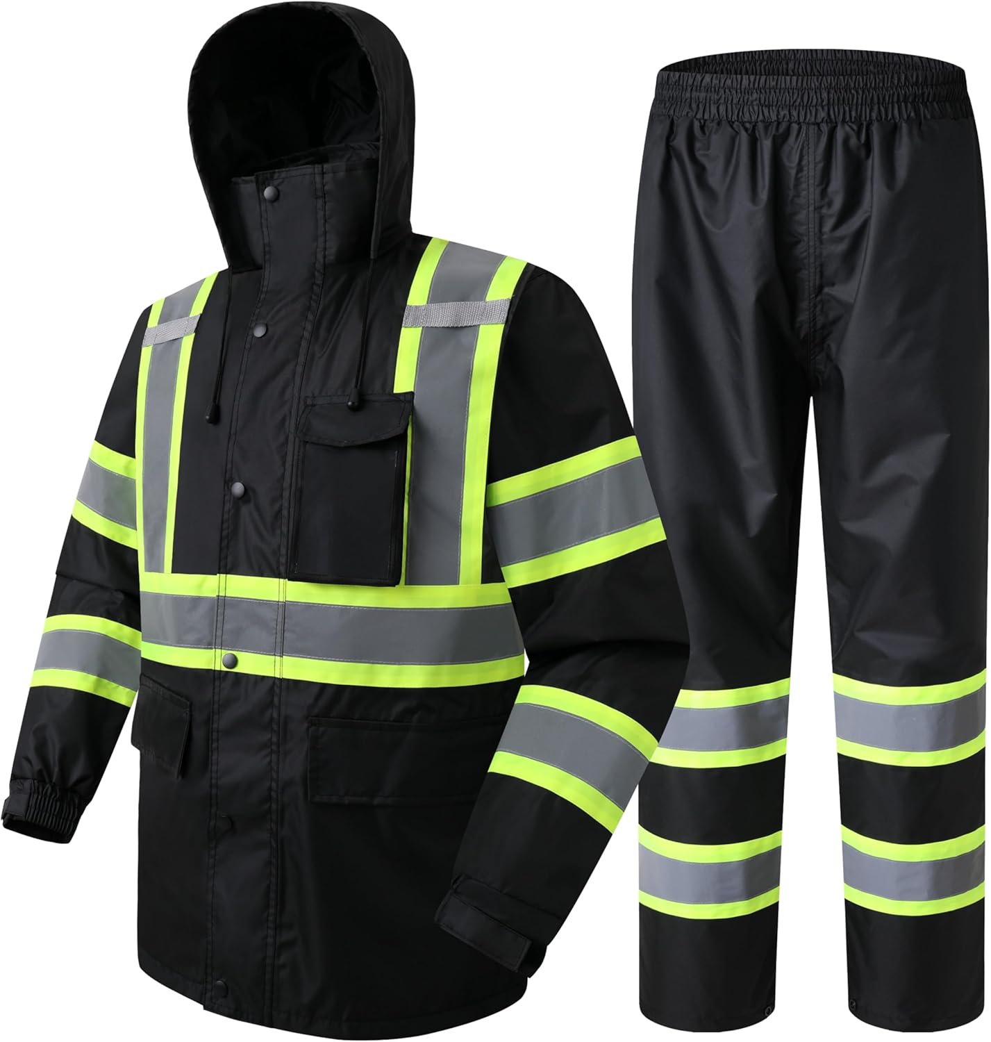 JKSafety Hi-Vis Reflective Safety Rain Jacket and Pants for Men Women Waterproof Rain Gears for Farming Fishing Work HV Rain Suit with Inner Mesh Lining and Pockets (117-Black L) JKSafety Hi-Vis Reflective Safety Rain Jacket and Pants for Men Women Waterproof Rain Gears for Farming Fishing Work HV Rain Suit with Inner Mesh Lining and Pockets (117-Black L)