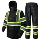 JKSafety Hi-Vis Reflective Safety Rain Jacket and Pants for Men Women Waterproof Rain Gears for Farming Fishing Work HV Rain Suit with Inner Mesh Lining and Pockets &lpar;117-Black L&rpar;
