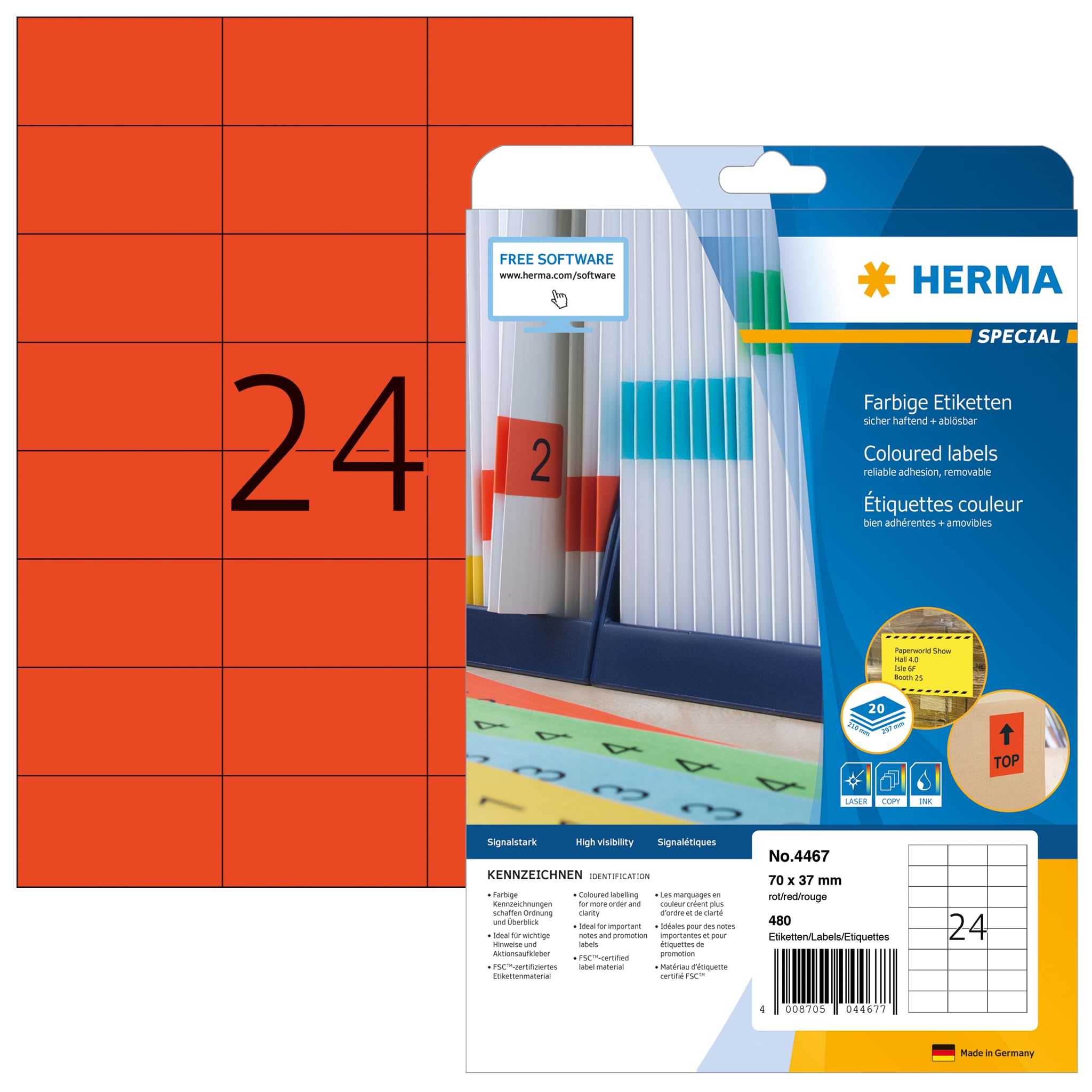HERMA Self Adhesive Coloured Labels - 24 per A4 Sheet, 20 Sheets, 70 x 37 mm, 480 Total - Blank Removable Stickers for Laser & Inkjet Printer, Red