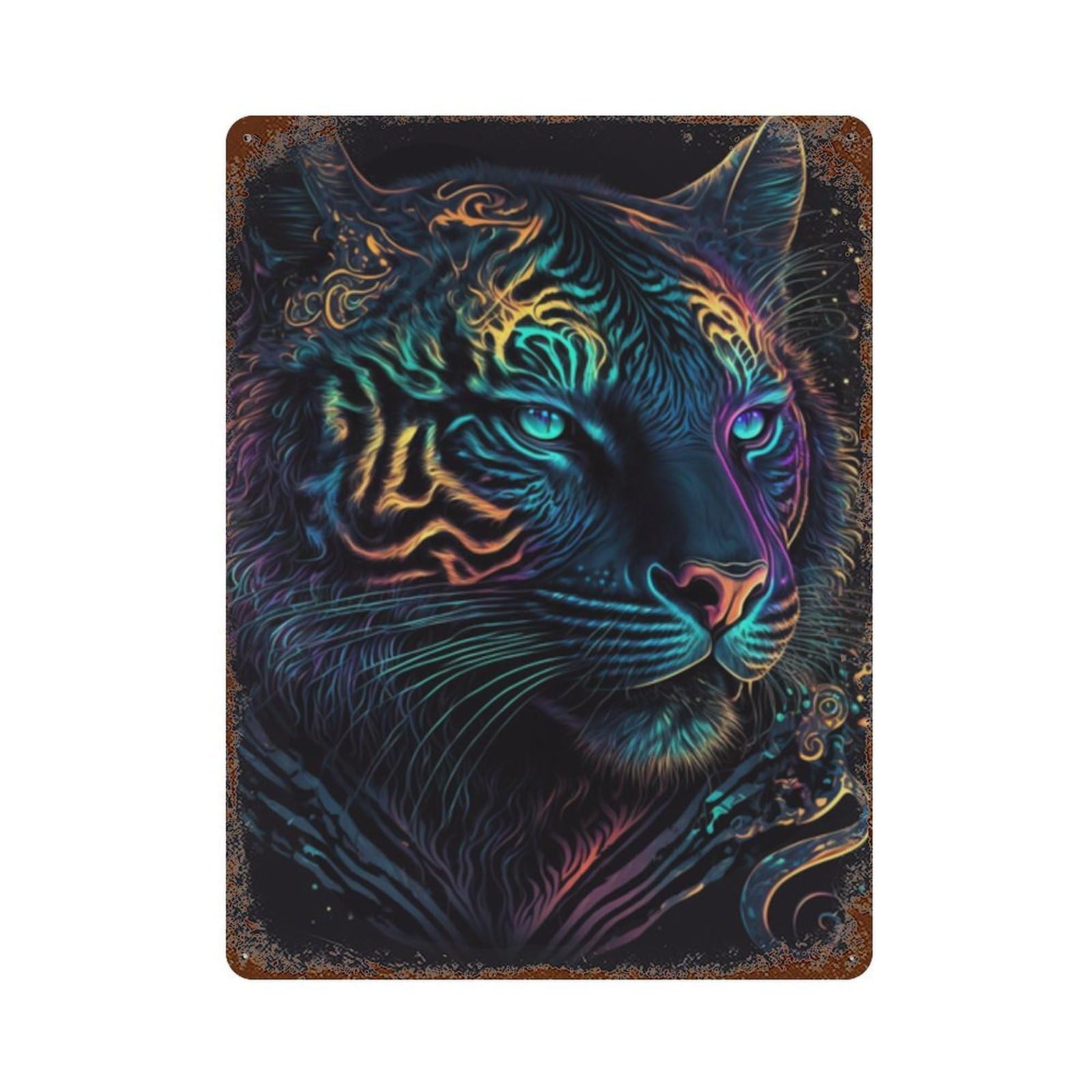 Neon Tiger Art Print-5 15.7"x11.8" Vintage Rust Metal Sign, Novelty Wall Decor for Living Room, Hallway And Home Decor