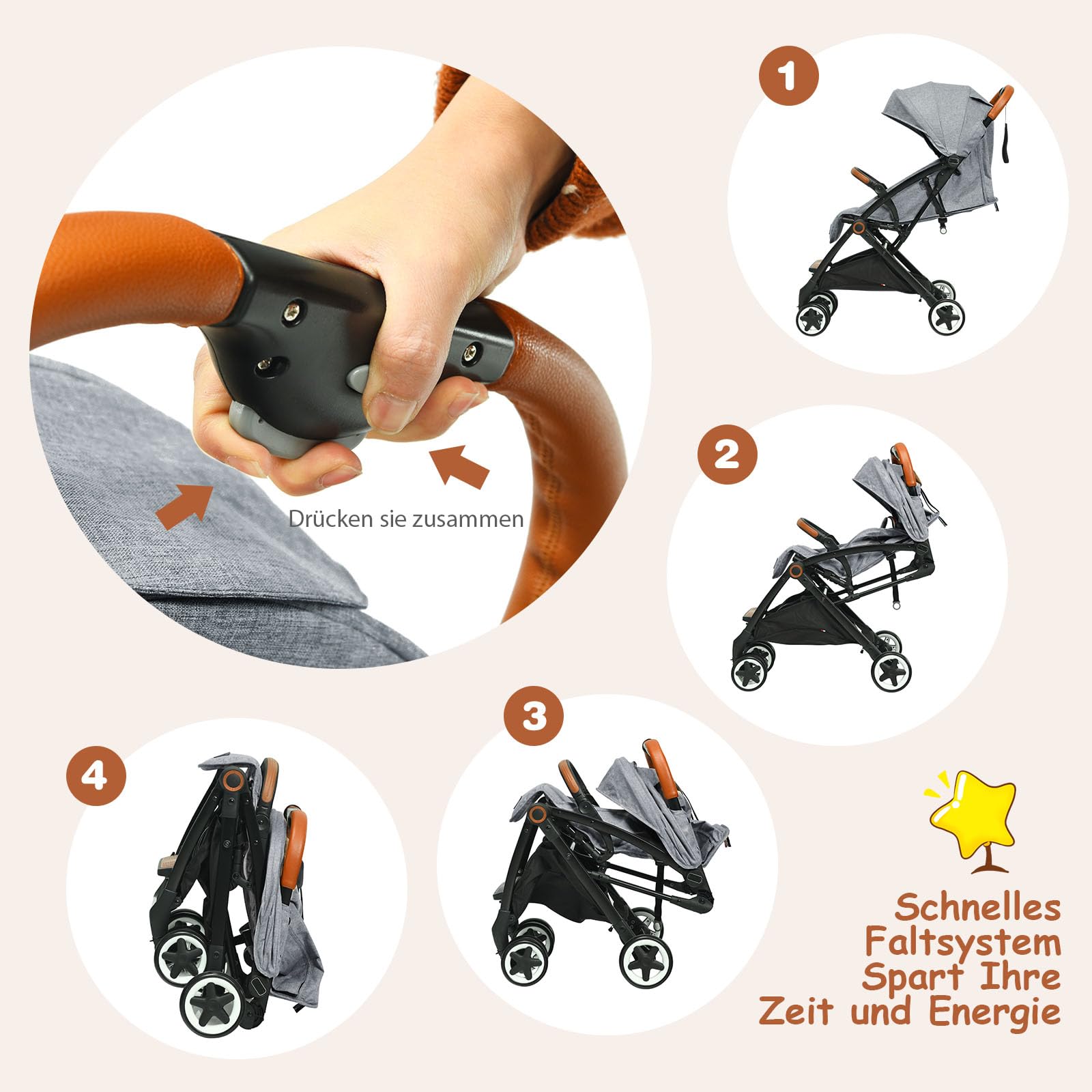 COSTWAY Kinderwagen Einhand Faltbar, Kinderbuggy mit verstellbare Rückenlehne & Verdeck, Reisebuggy mit Liegefunktion, Sicherheitsgurt für Baby bis 3 Jahren, 15 kg Belastbar (Grau)