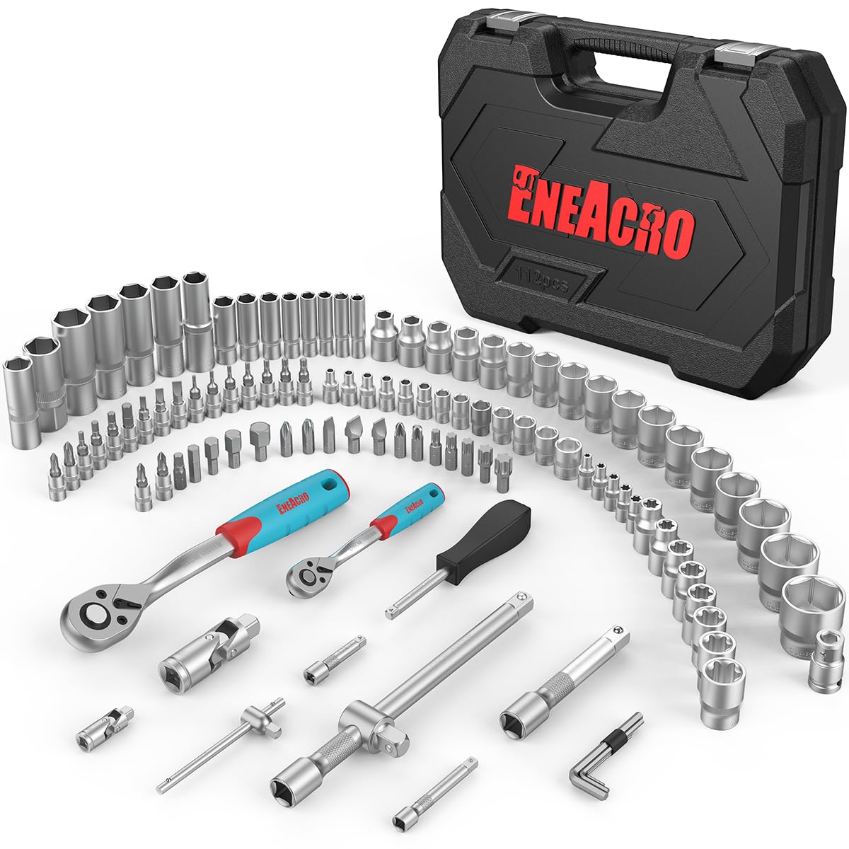 ENEACRO Juego de Carraca 112 Piezas con Llaves de Vaso 1/2" y 1/4", Vasos, Extensiones, Bits, Acero Cromo-Vanadio, Maletín Incluido - Juego Carraca Completo