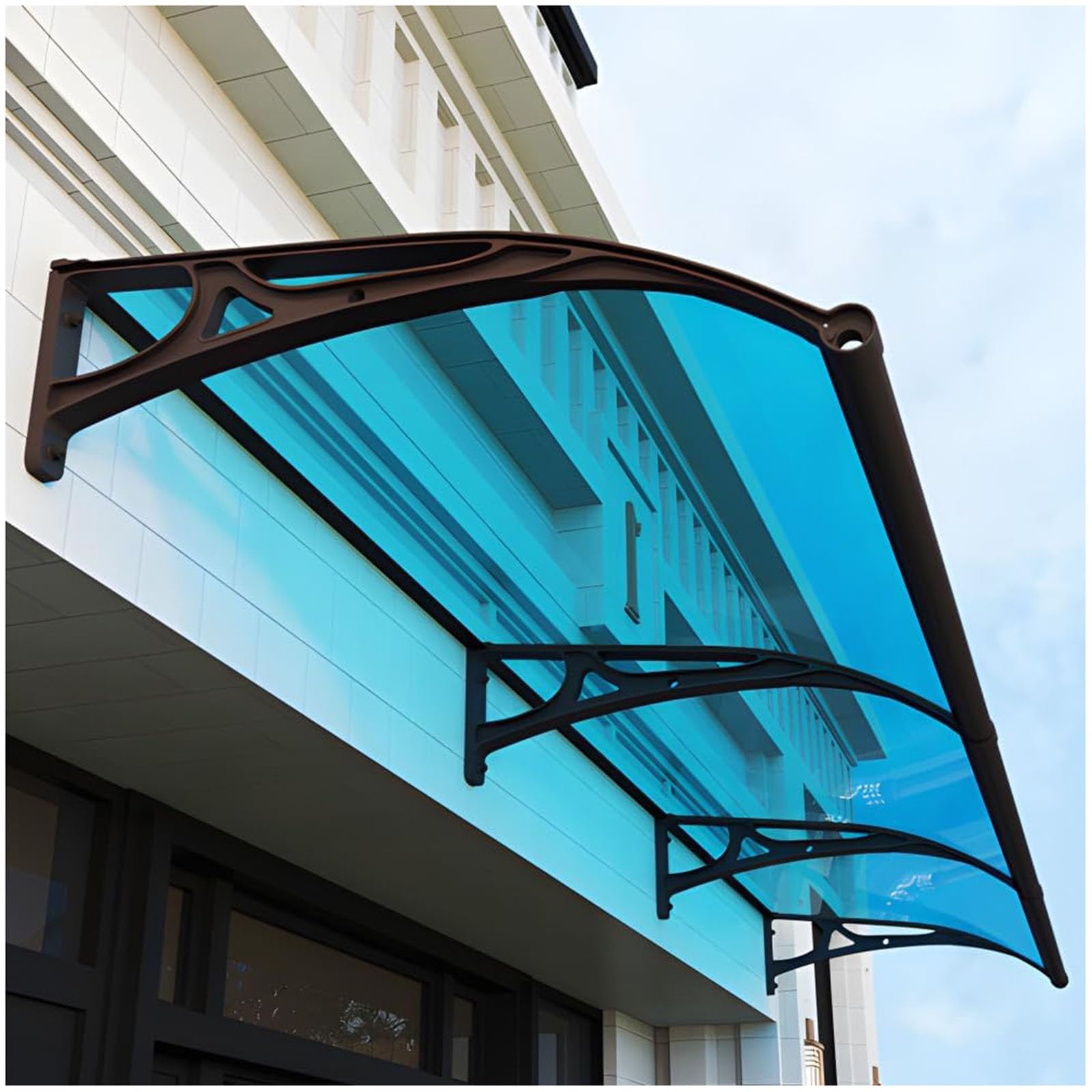 LWJSOCP Modern 27.5"x39" Blue Patio Aw Canopy - Polycarbonate Rain Shelter with Black Aluminum Bracket for Outdoor Deck & Porch Sunlight Protection