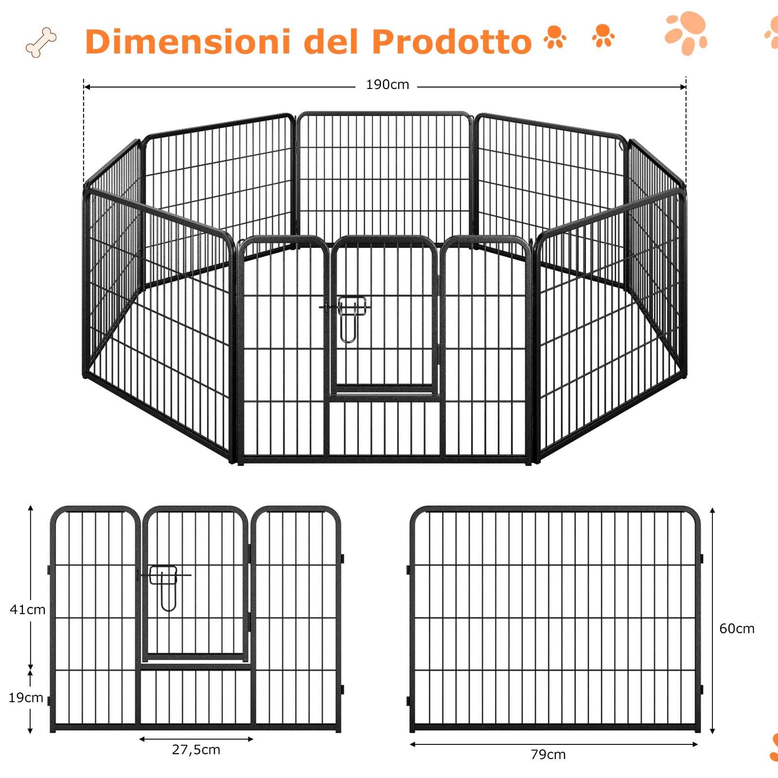 COSTWAY Recinto per Cani Interno ed Esterno, 8 Pannelli Altezza 60 CM Recinzione per Piccoli/Medi Animali/Coniglio/Gatto, Cancelletto Portatile Pieghevole con Porta (190 x 60 cm)