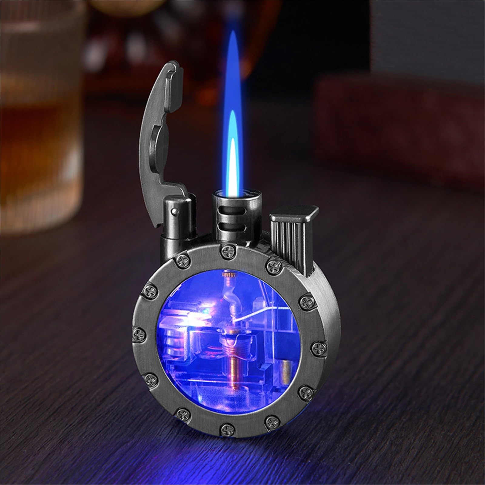 Encendedor de soplete, resistente al viento, recargable de butano, diseño vintage con ventana de aire transparente, ideal para barbacoas, velas, camping y uso al aire libre