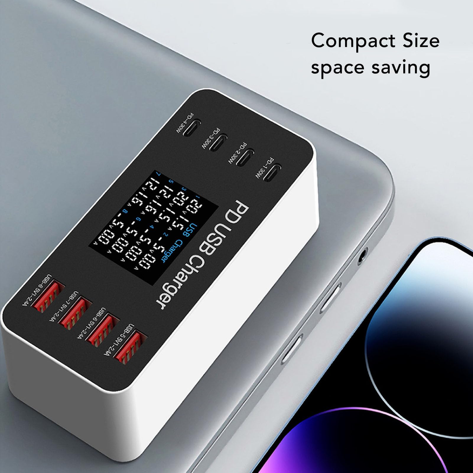 VBESTLIFE Stazione di Ricarica USB a 8 Porte, Caricabatterie Multiporta | 4 Prese USB A, 4 Prese USB C, Ricarica Rapida PD da 30 W, Display LCD, Distribuzione Intelligente 'energia, Ignifugo