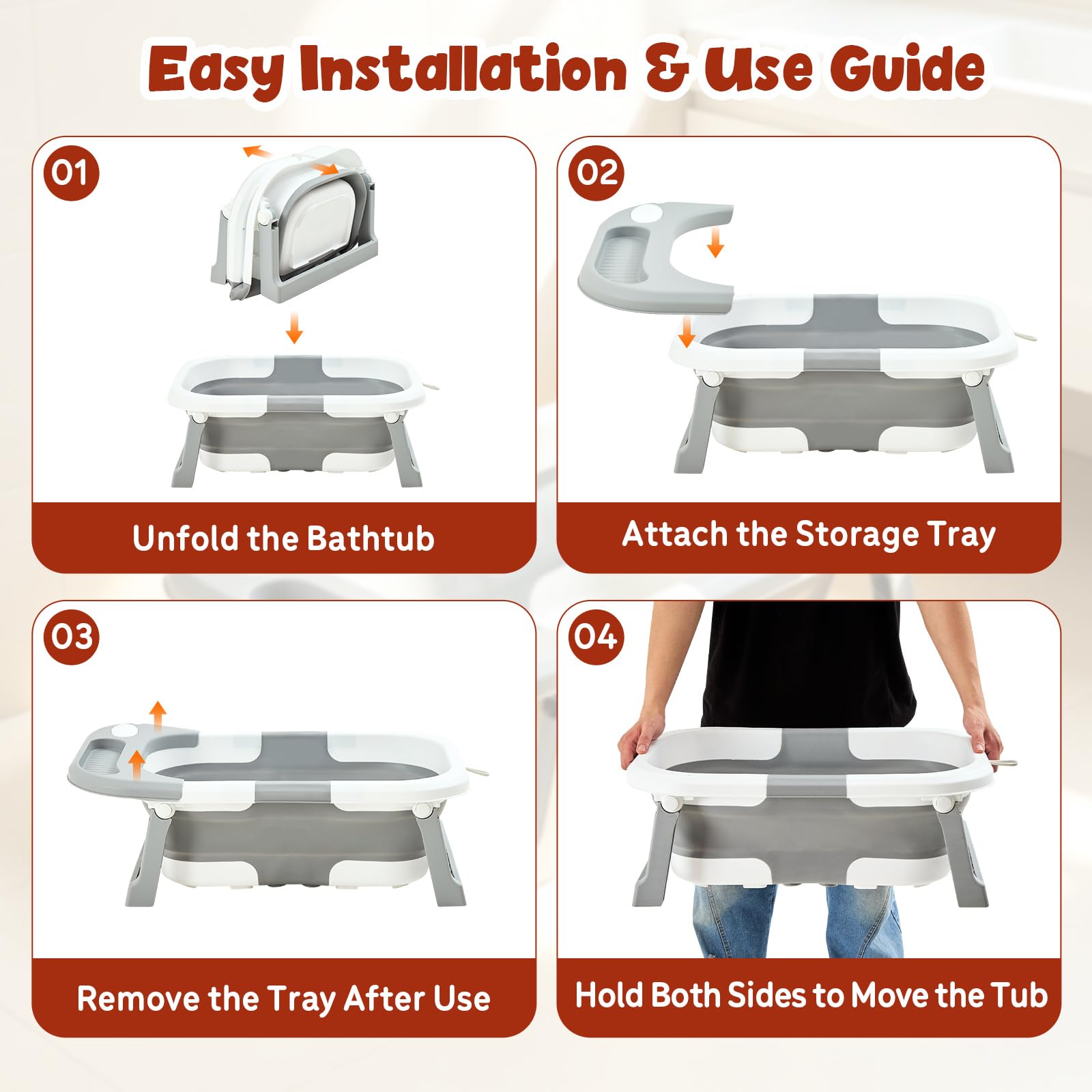 Vaschetta da bagno FUNLIO con supporto, vaschetta da bagno pieghevole e supporto in legno ripiegabile per bambini da 0 a 24 mesi, portata massima 50 kg — Ergonomica e comoda per la schiena