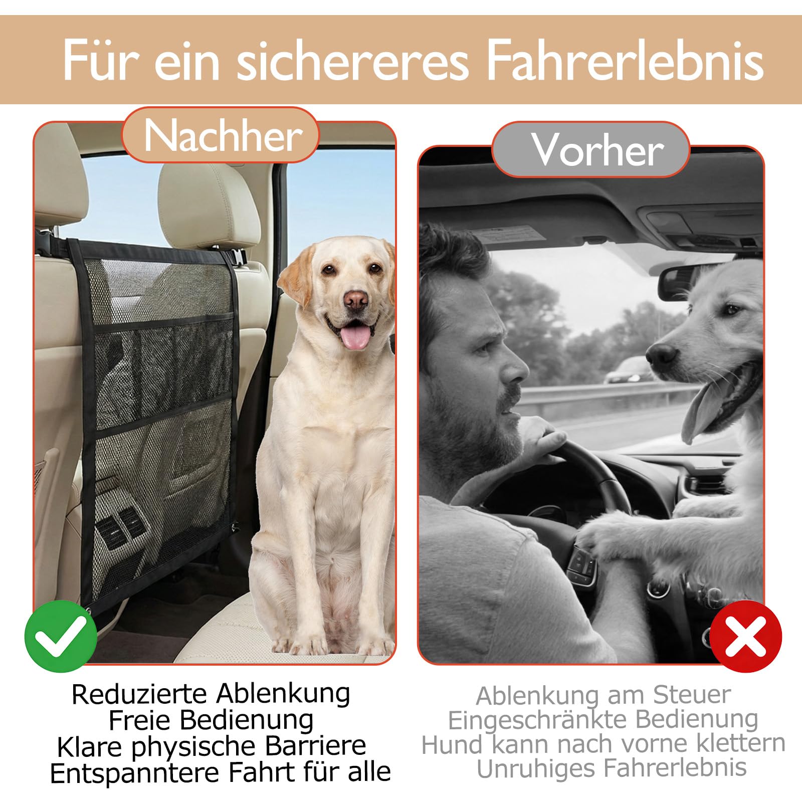 Hundegitter Auto Mit Aufbewahrungstaschen Universal Trennnetz Hund, 69*56cm | Hundenetz Auto Rückbank|Auto Hunde Rückbank Barriere|Auto Hundenetz Sicherheitsnetz|Gepäcknetz Kofferraum Netz|Netz Innenraum