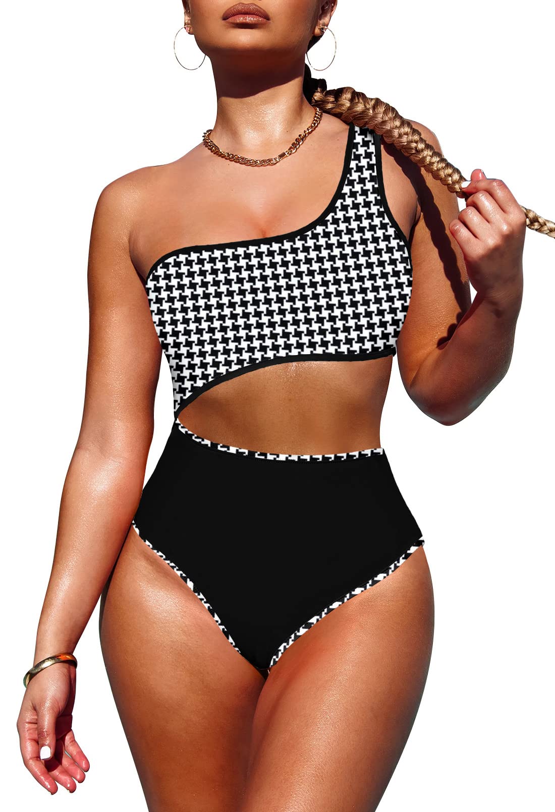 LaSuiveur Women's One Shoulder One Piece Swimsuit Cutout Color Block Monokini Bathing Suits