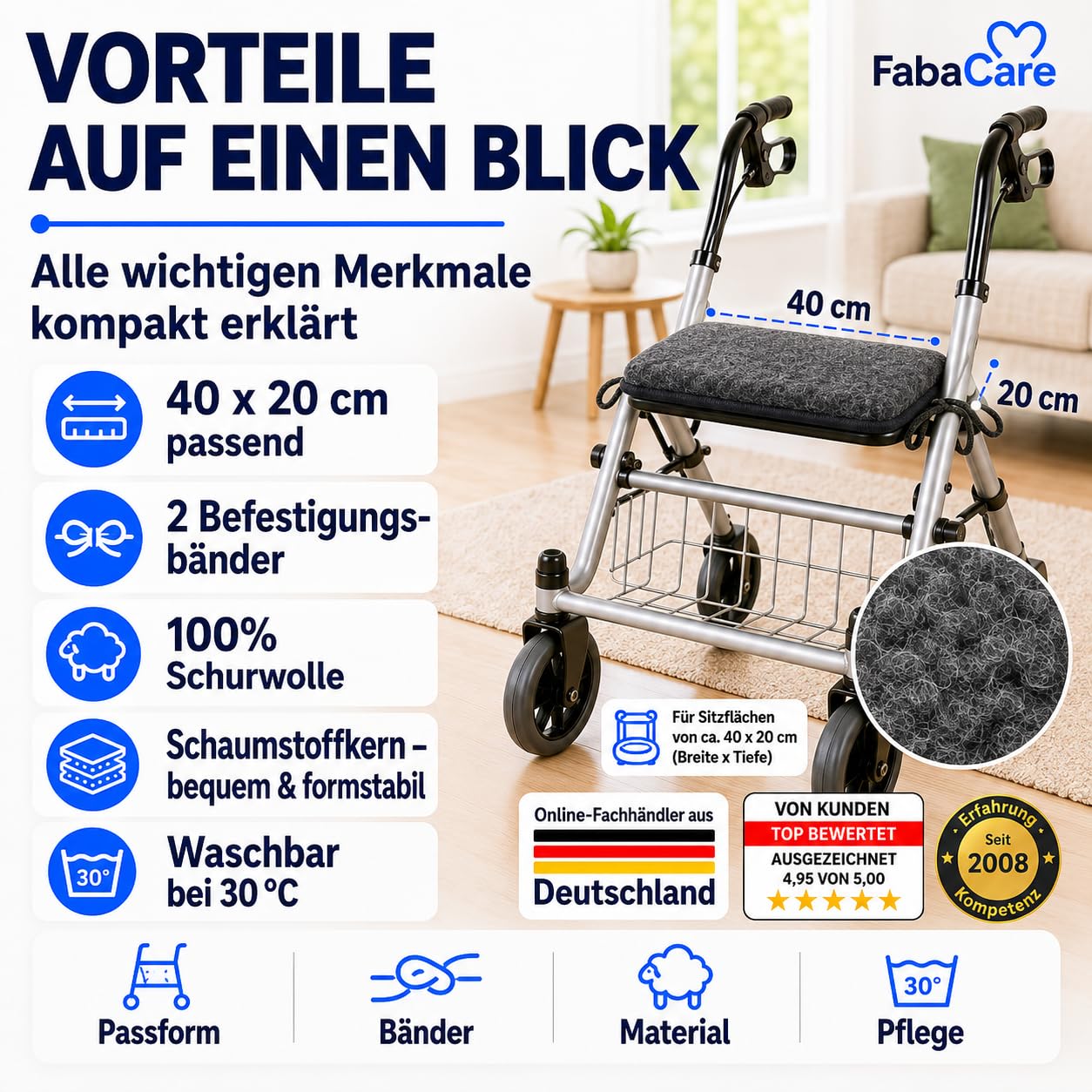 FabaCare Rollator Sitzpolster 40x20 cm Anthrazit | 100 % Schurwolle-Sitzkissen mit 2 Befestigungsbändern, Schaumstoffkern, atmungsaktiv, bequem & bei 30 °C waschbar