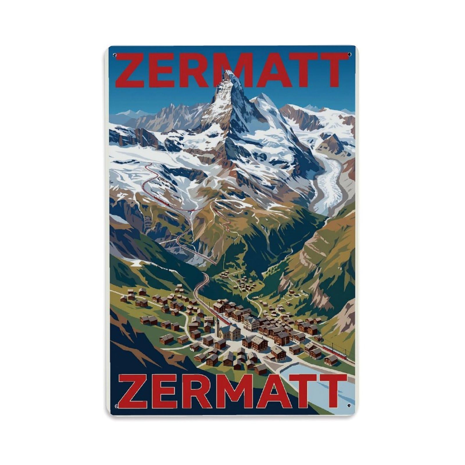 Olhnbad Style Alpine Zermatt Switzerland Aerial Mountain Travel Metal Tin Sign