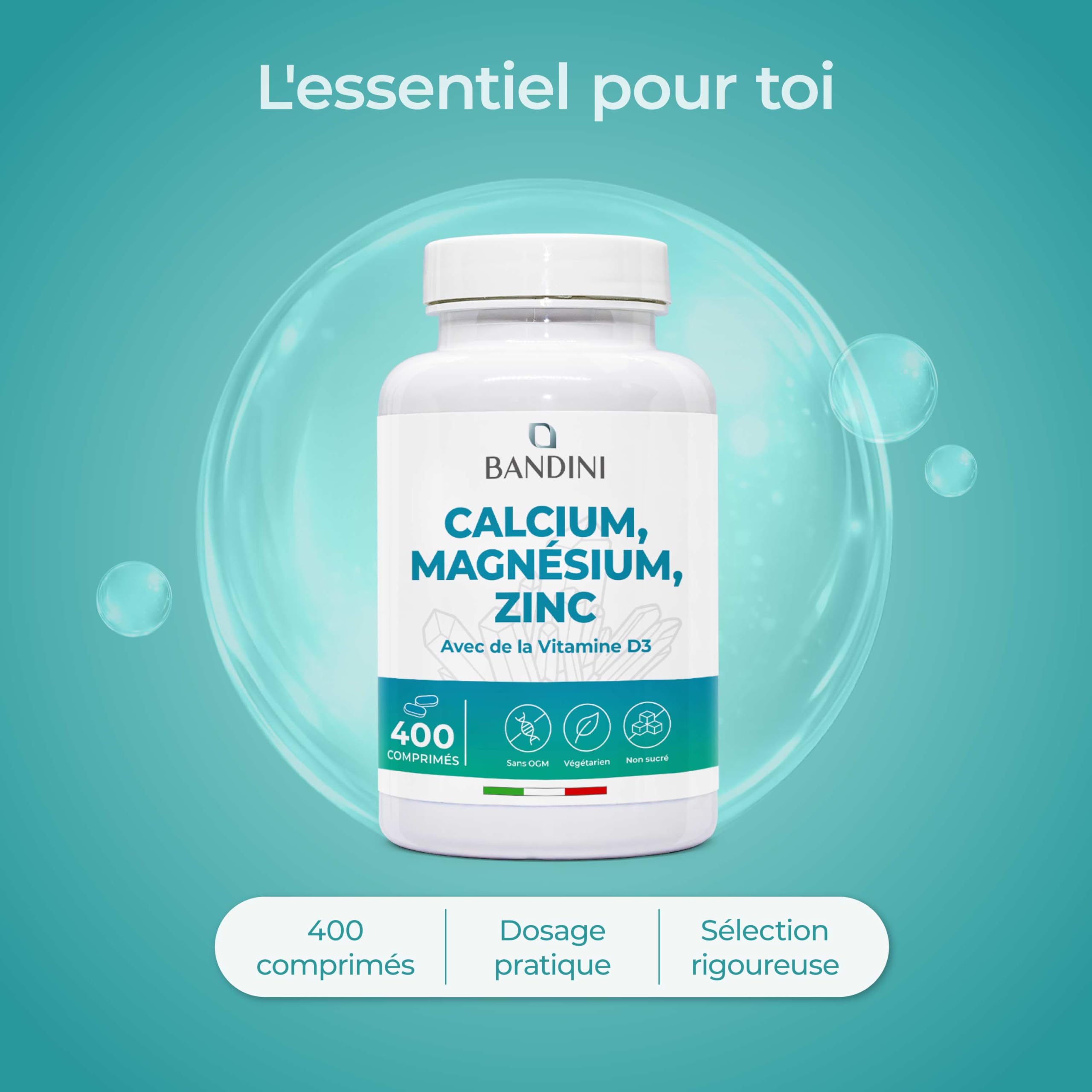 Bandini® Calcium Magnésium Zinc Vitamine D3 + K2 MK7 | 400 comprimés | Avec Cuivre, Sélénium, Manganèse & Bore | Complexe Multivitamines et Minéraux hautement assimilables | Os, muscles, peau, cheveux