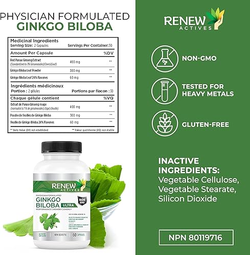Miniatura 3 de Renew Actives Suplemento cerebral de ginkgo biloba con extracto de panax ginseng rojo, relación 501 para un rendimiento máximo para hombres y
