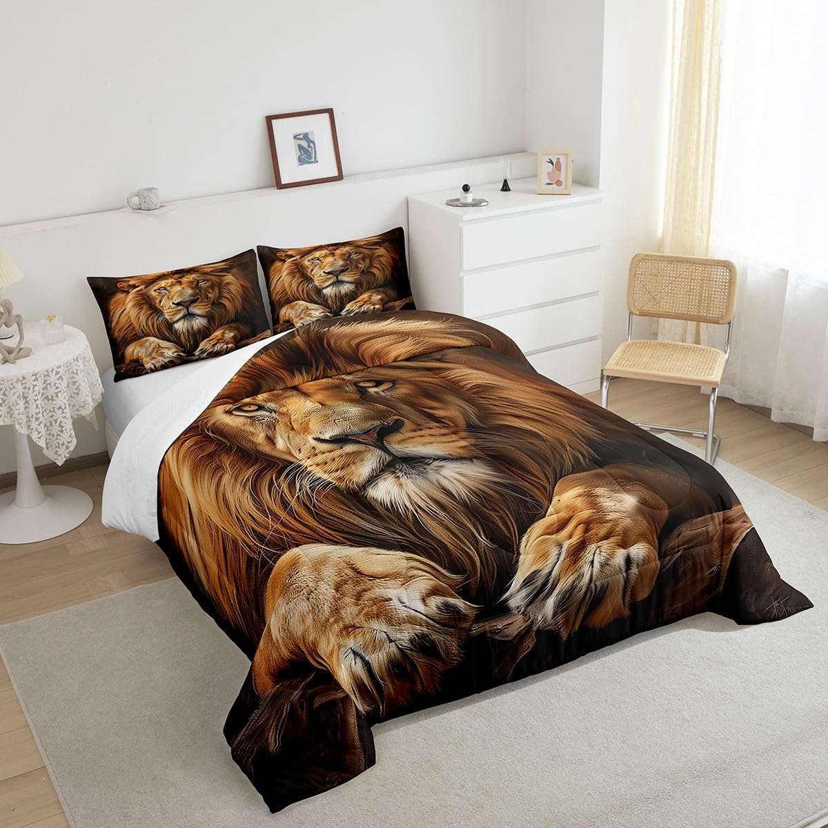 Feelyou 3D Lion Comforter Set Lion Animal Print Bedding Set for Teens Boys Girls Washed Microfiber King Comforter Jungle Theme Bed Set Queen Size