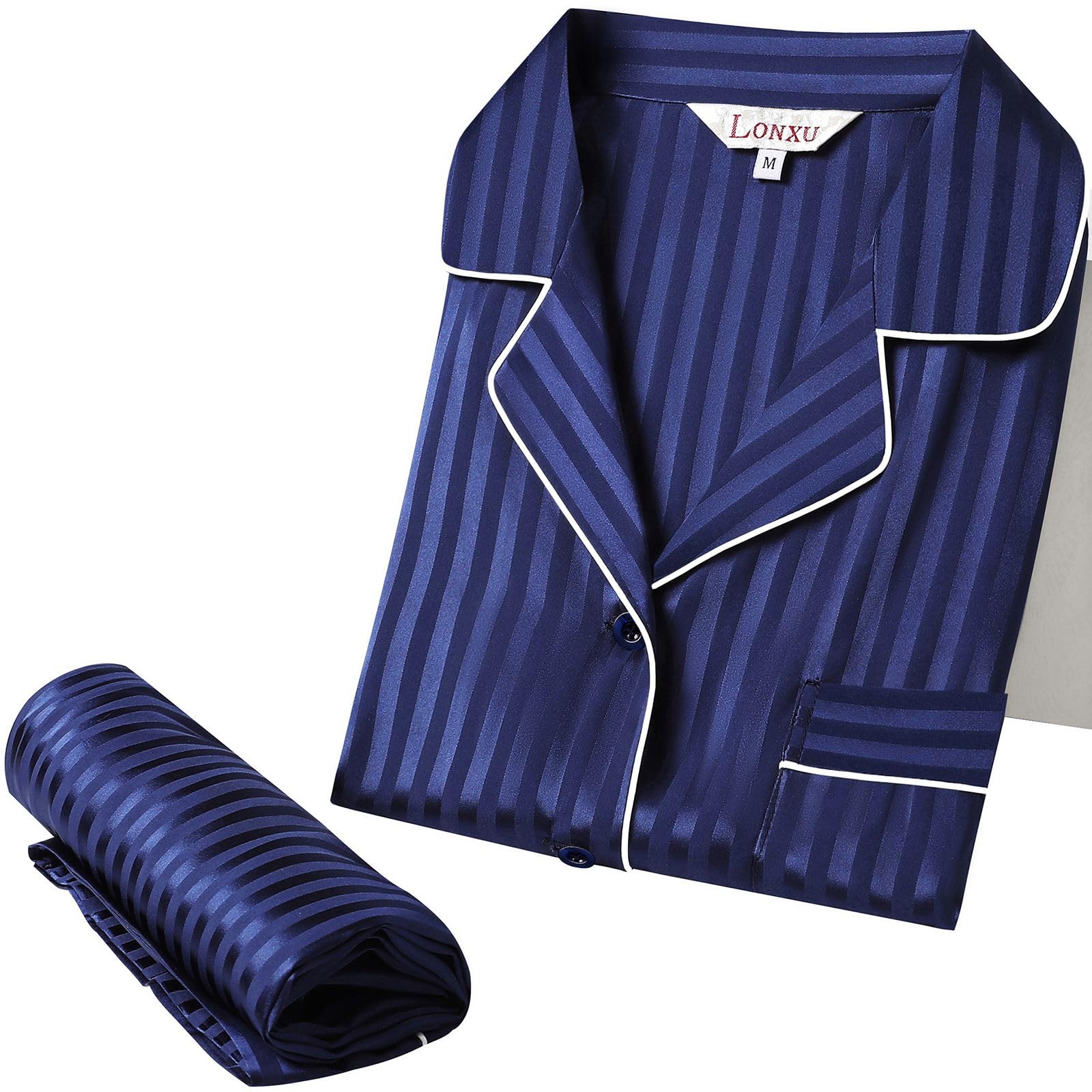 Lonxu Womens Silk Satin Pajamas Set Two-Piece Button-Down Pj Sets Sleepwear Loungewear XS~3XL