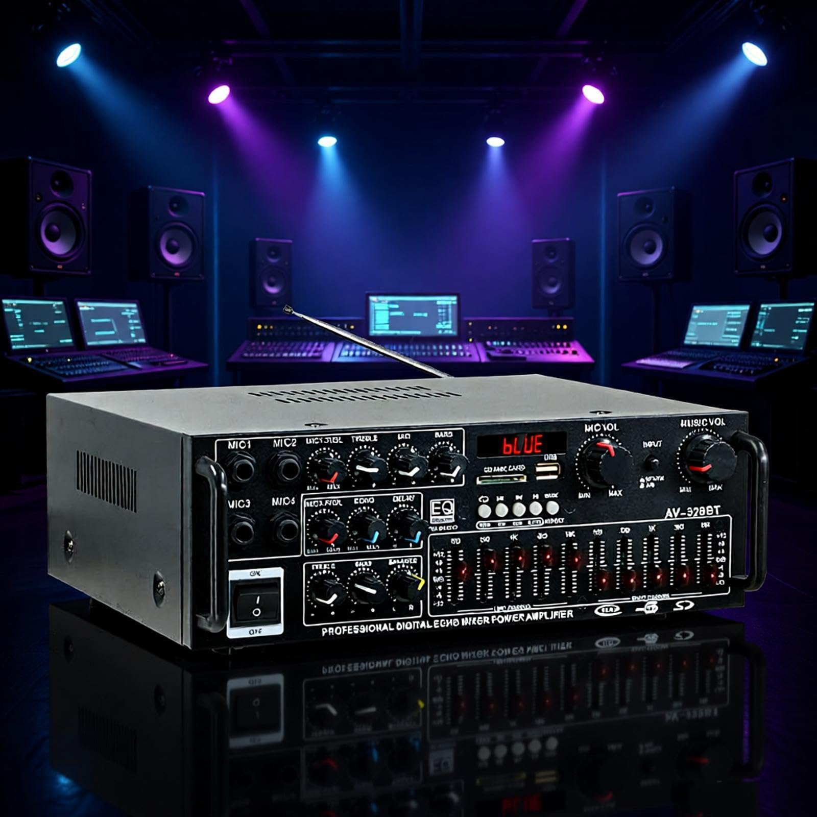 Amplificatore Audio Stereo, Ricevitore Equalizzatore con Telecomando e USB e 4 ingressi Microfono, Doppia Regolazione Equalizzatore a 5 Bande, per Home Theater, Audio per Auto, Karaoke, Feste