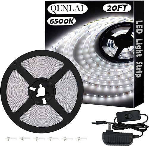 Kit de tira de luz LED blanca de 20 pies, tira de luz de 6500 K, 360 LED de 12 V, tiras de luz LED flexibles para dormitorio, cocina, debajo del