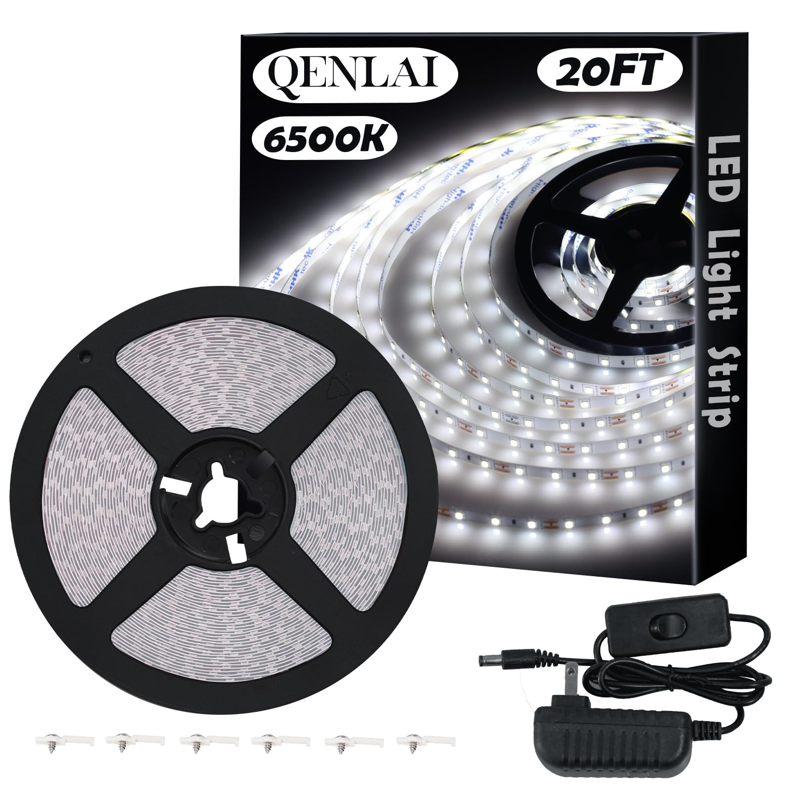 20ft White LED Light Strip Kit, 6500K Strip Light, 360 LED 12V Flexible Cuttable LED Light Strips for Bedroom Kitchen Under Cabinet Lighting Indoor