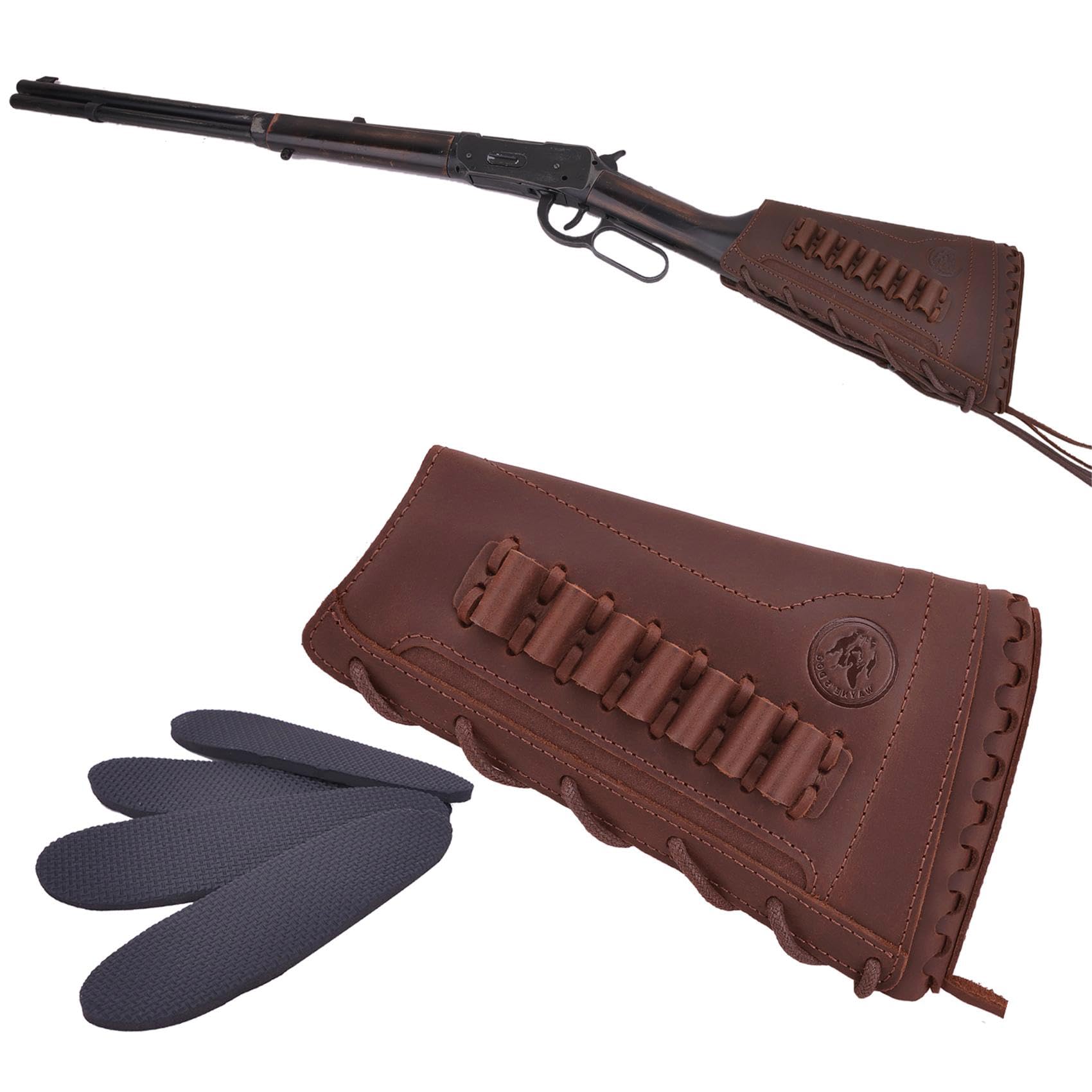 Handmade Leather Buttstock Cheek Rest with Rifle Ammo Holder for.308, 30-30, .357, 45-70 .22LR 12GA 16GA 20GA (Brown(.357 .30-30 .38), Lefty Shooter)