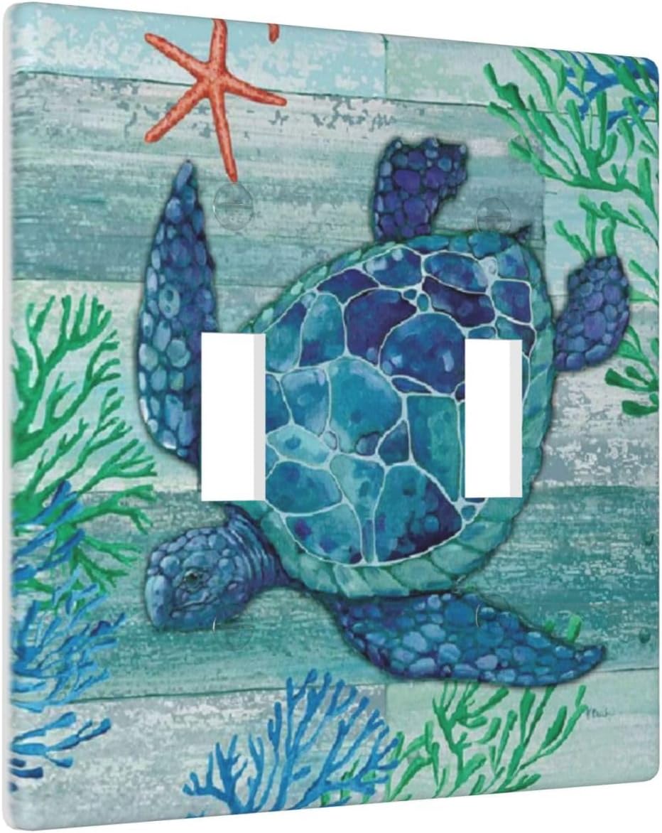 Sea Turtle Starfish Ocean Double Toggle Light Switch Plates Outlet Covers 2 Gang Decorative Electrical Wall Plate Receptacle Switchplate Decorate Plug Cover For Bathroom Kitchen 4.5 * 4.5 Inch