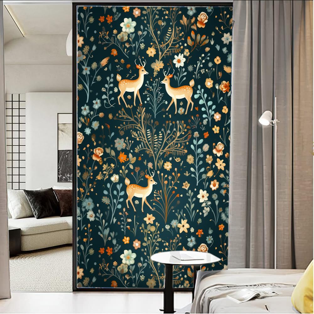 Bunte Blumen Hirsch Frosted Fenster Sichtschutzfolie Bauernhaus Baum Blatt Tier Muster Wald Fenster Dekor Wärme blockierende Sonne blockierende Glastürabdeckung für Badezimmer Zuhause 90 x 140 cm