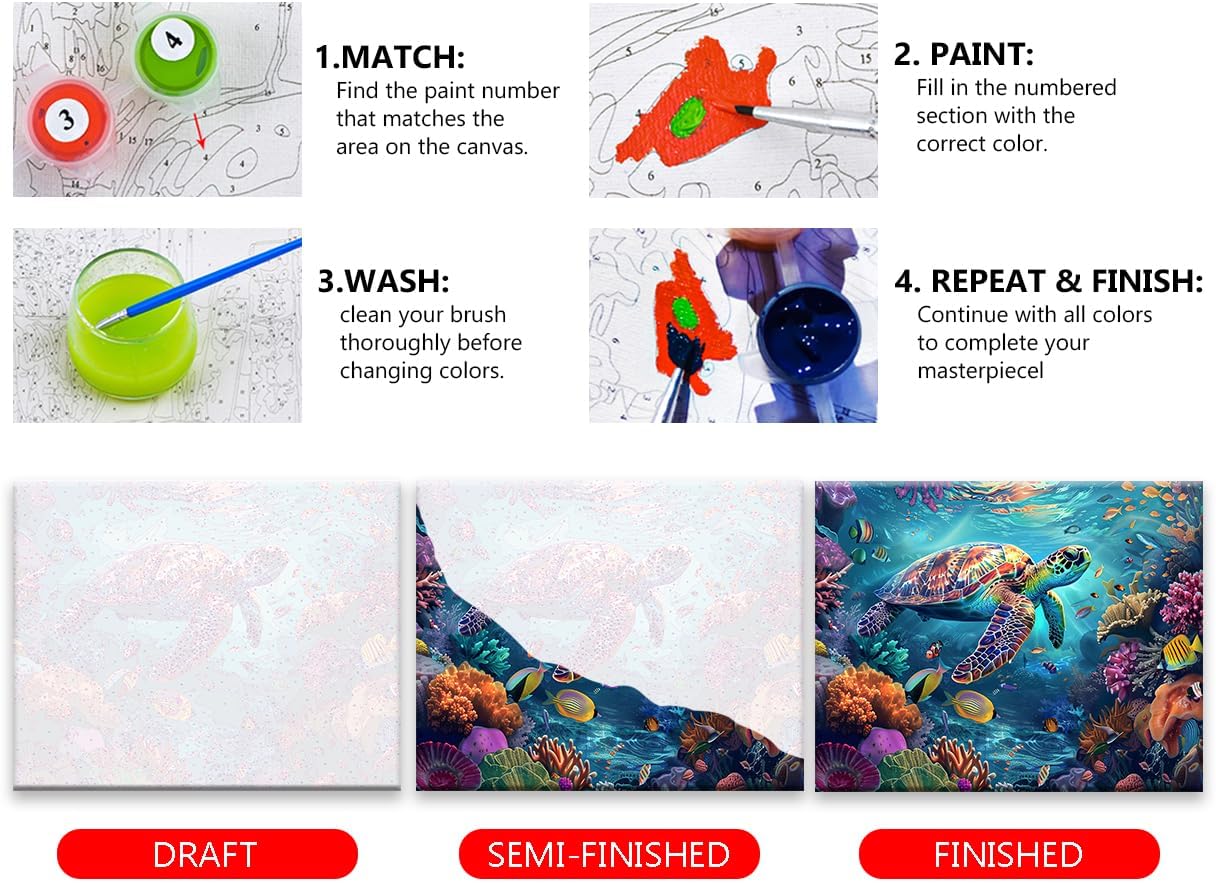 TUMOVO ‌Adults Paint by Numbers Happy Sea Turtle in Vibrant Coral Reef Art Kit with Tropical Fish Ocean Life DIY Canvas Painting for Home Decor Stress Relief 16x20 Inch‌