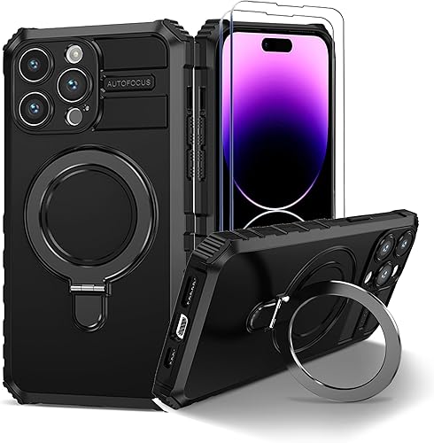 Fudley Funda magnética para iPhone 15 Pro Max compatible con MagSafe con 2 protectores de pantalla de vidrio templado con soporte de anillo, grado