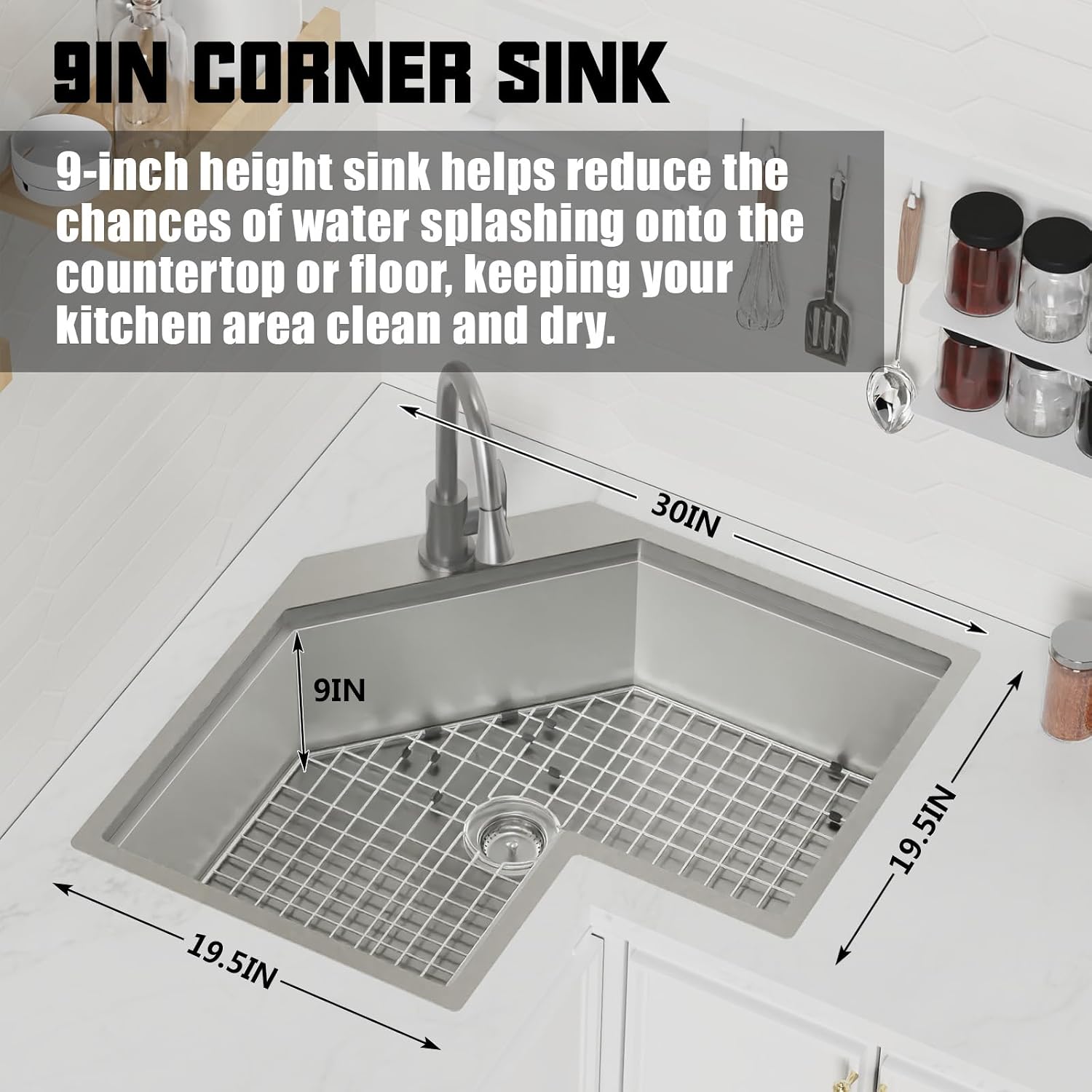 30In Corner Drop-In Kitchen Sink Workstation,Stainless Steel,Single Bowl | Topmount Kitchen Sink With Cutting Board, SS Grid,Silicon Mat,Colander Nice Solution For Small Kitchen And Bar Corner