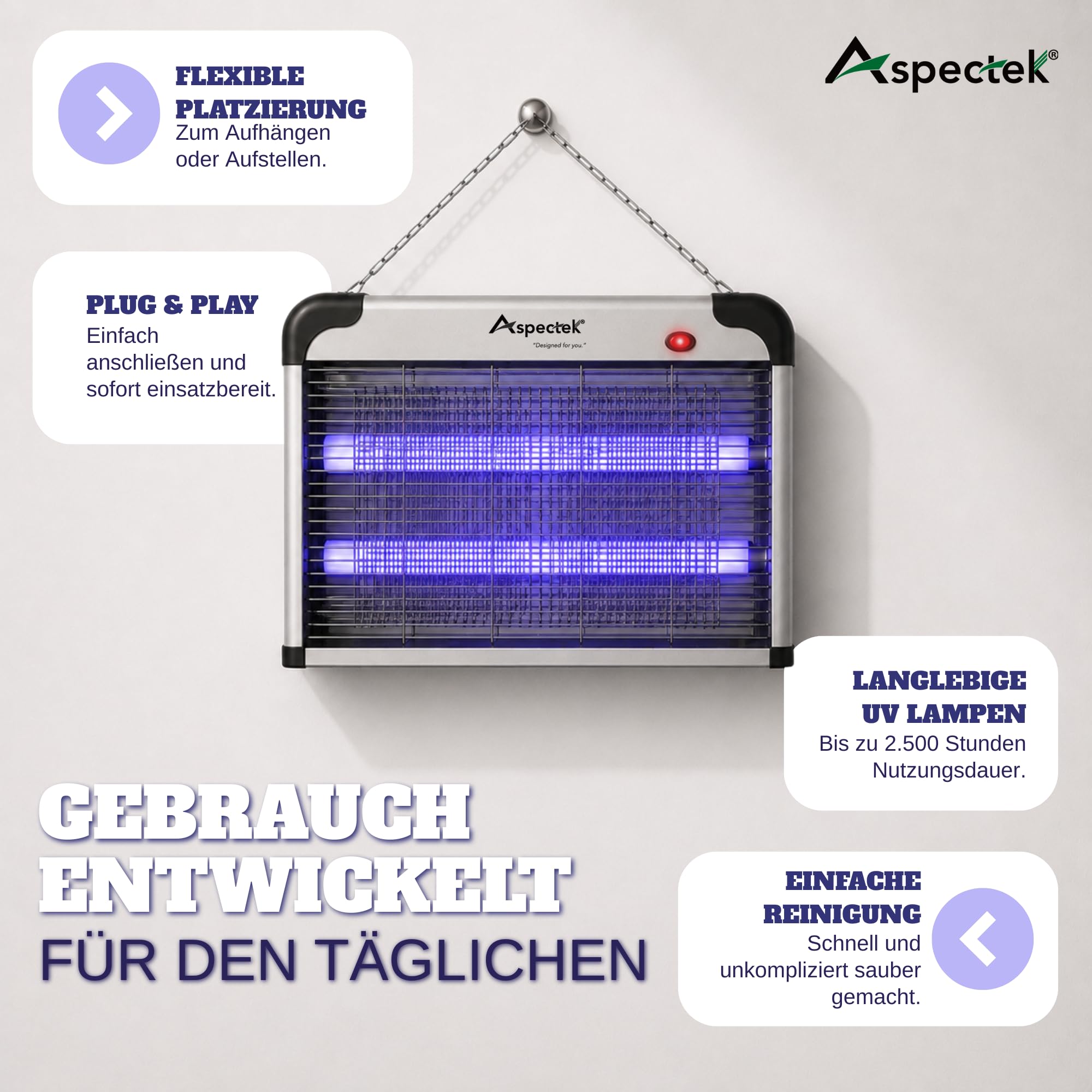 ASPECTEK Elektrischer Insektenvernichter 20W 2800V – UV Mückenfalle & Fliegenfalle für Innen, Insektenlampe gegen Mücken, Fliegen, Gnitzen, Inklusive 2 Ersatz-UV-Röhren