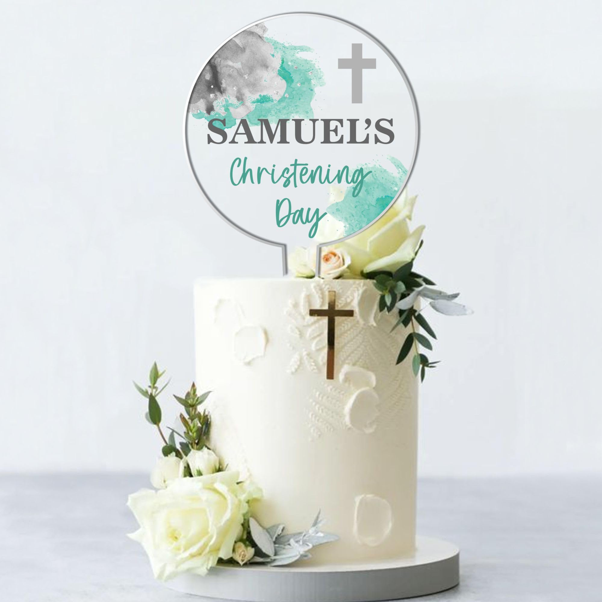 Personalised Religious Cake Topper – Custom Name & Occasion – Christening, Communion or Confirmation – Acrylic Watercolour Design with Cross Cake Decoration (Christening, Grey & Mint)