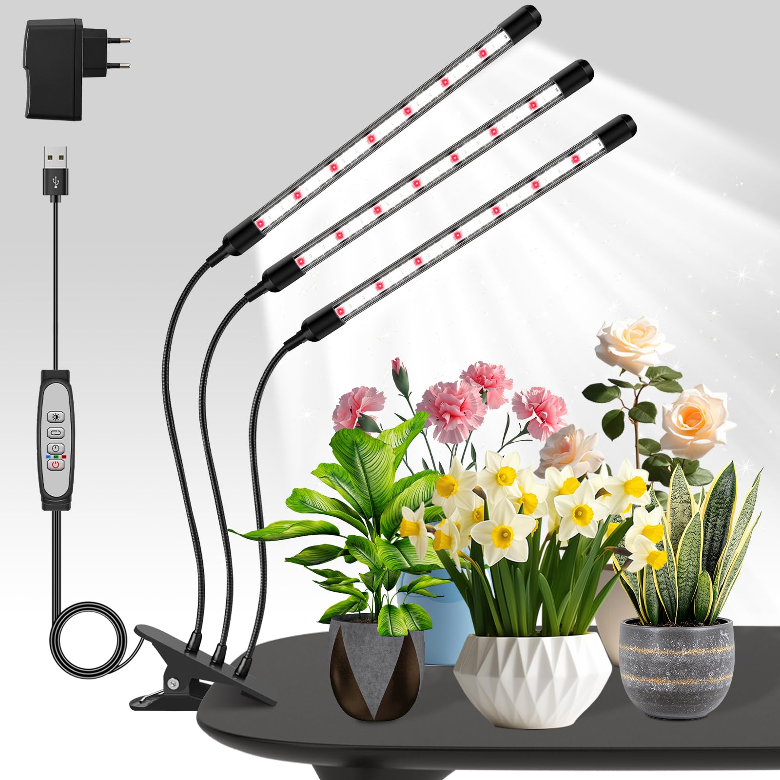 3 teste di luce per piante, Lampada per Piante LEDs, Lampada Piante Coltivazione, Luce di crescita a spettro completo, Lampada di Crescita con Timer Auto on/off 6/12/18H per Frutta Verdure Fiore