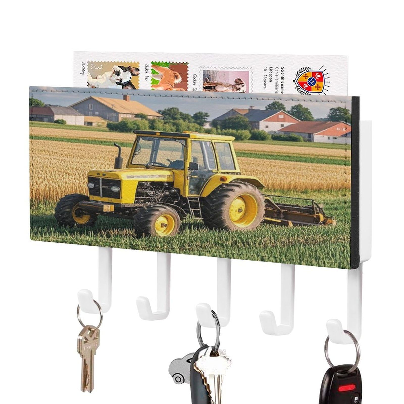 Fekiloot White-Style Tractor Farm Key Holder Wall Mount Key And Mail Holder Key Hanger With 5 Hooks Decorative Pu Key Rack Hanging Key Hooks For Wall Living Room Kitchen Bathroom Hallway