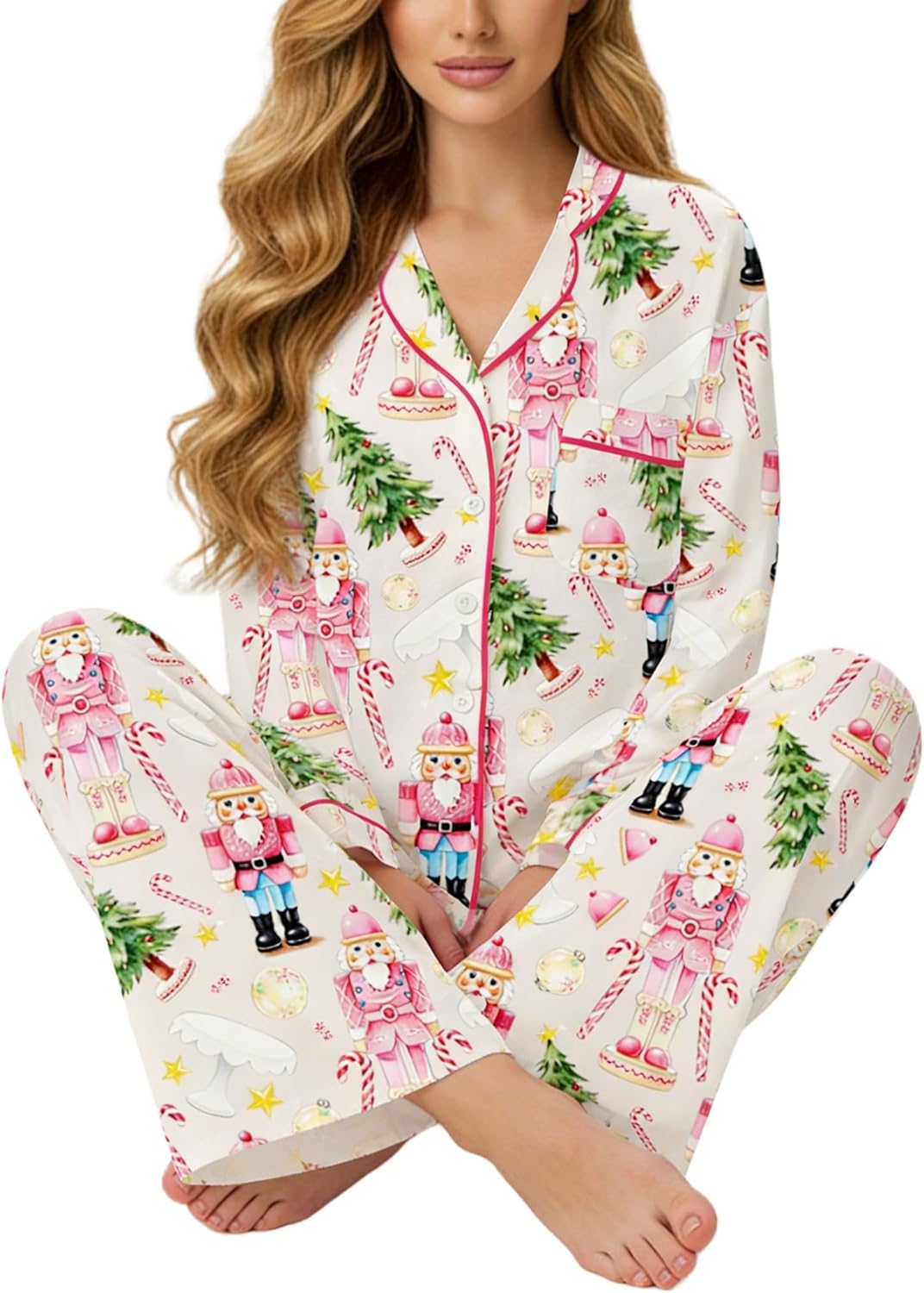 Women Christmas Satin Silk 2 Piece Pajama Set Button Down Santa Print Long Sleeve Pants Pjs Holiday Sleepwear - Image 7