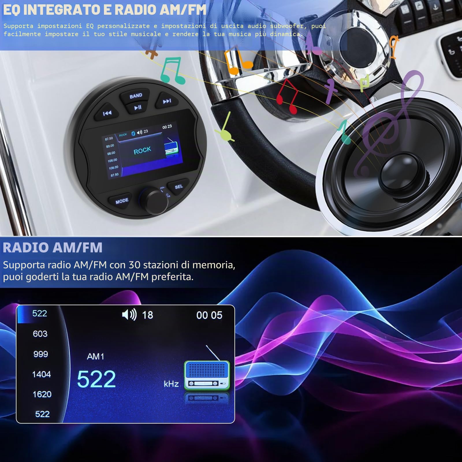 MP5 Radio Stereo Barca Impermeabile, AM/FM Marine Boot Ricevitore Media Riproduzione Video Player Universal per Barche, Yacht, Camper
