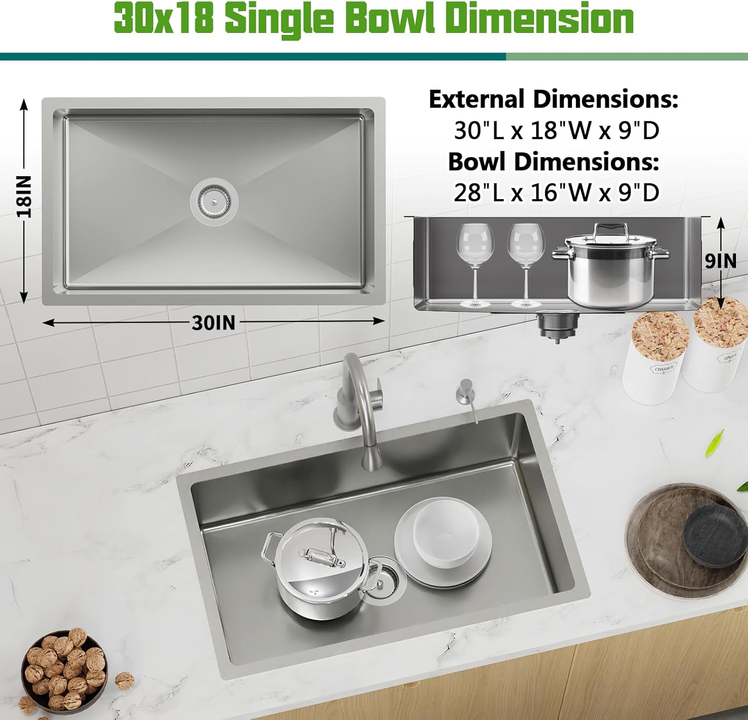Kitchen Sink, 30x18 Inch Stainless Steel Undermount Modern Single Bowl Drop In Kitchen Sink Combo-Silicon Mat,Drain Strainer Set Offering Large Basin And Compatibility With Various Kitchen&Bar Style