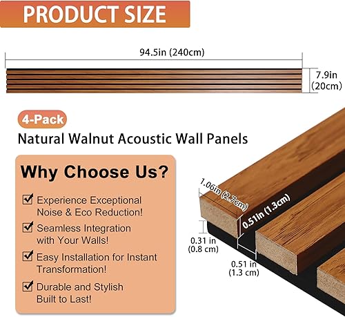 Miniatura 2 de Paneles de pared acústicos de listones de madera, paquete de 4 paneles de 94.5 x 7.9 pulgadas, paneles 3D de absorción de sonido estriados para