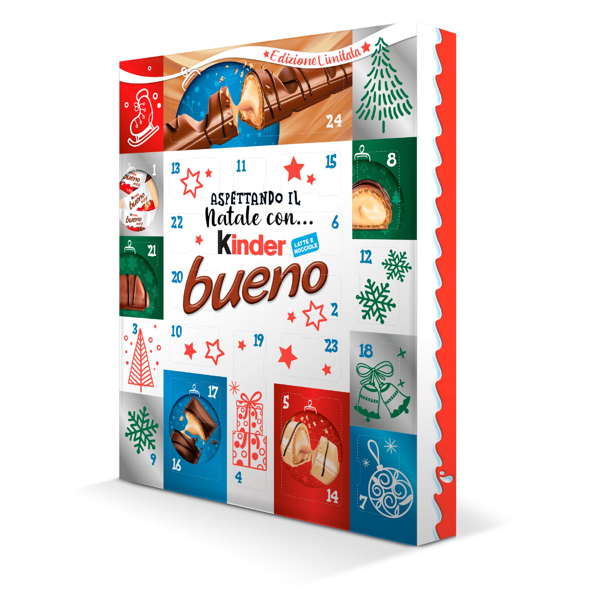 Kinder Bueno - Calendario Avvento 2024, 24 Cioccolatini e Snack Assortiti Kinder Bueno e Kinder Bueno White, Idea Regalo Natale, Confezione da 167 gr