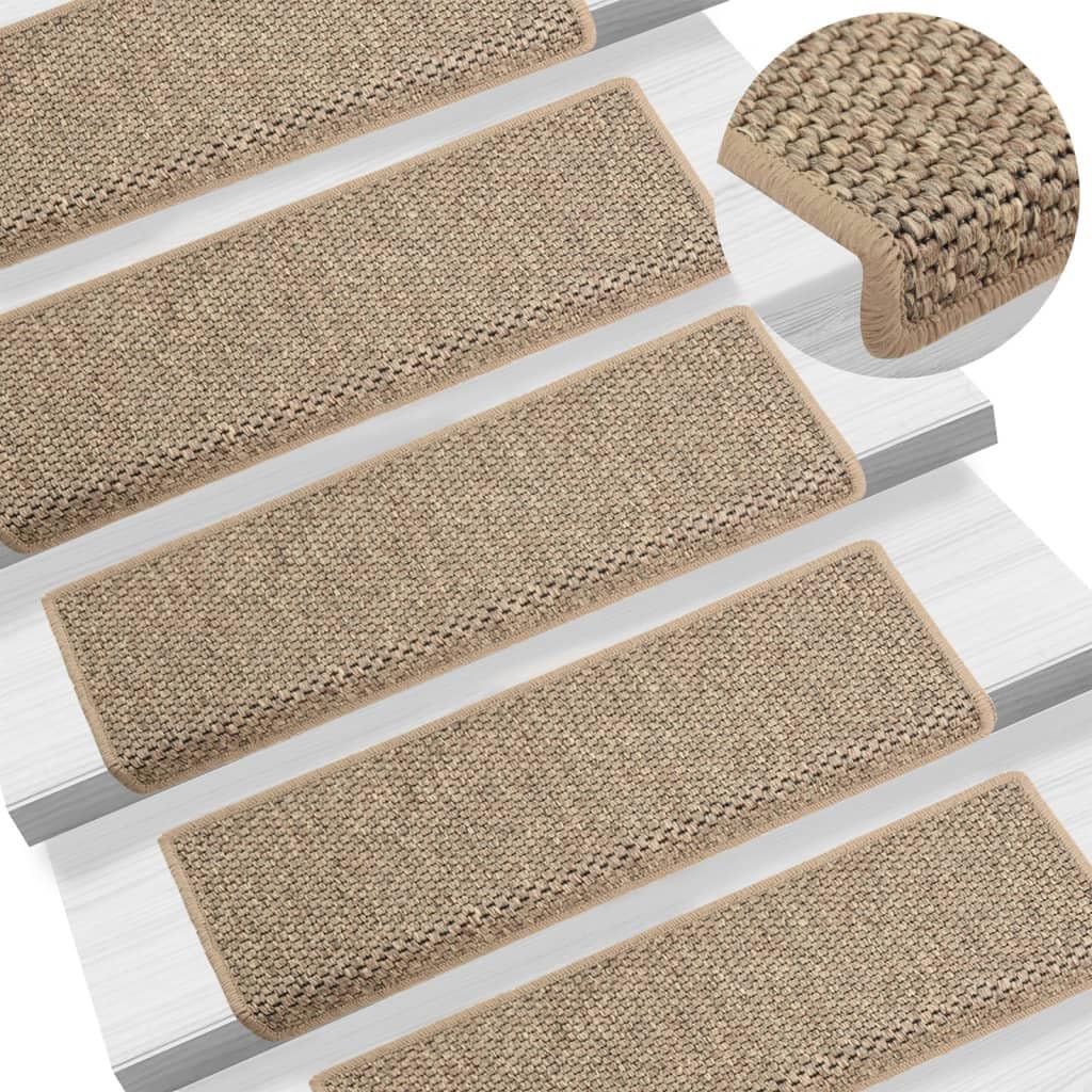 vidaXL Alfombrilla Autoadhesiva de Escalera 15 uds, Alfombrilla con Aspecto Sisal, Protector Antideslizante de Peldaño, Tela Beige Oscuro 65x21x4 cm