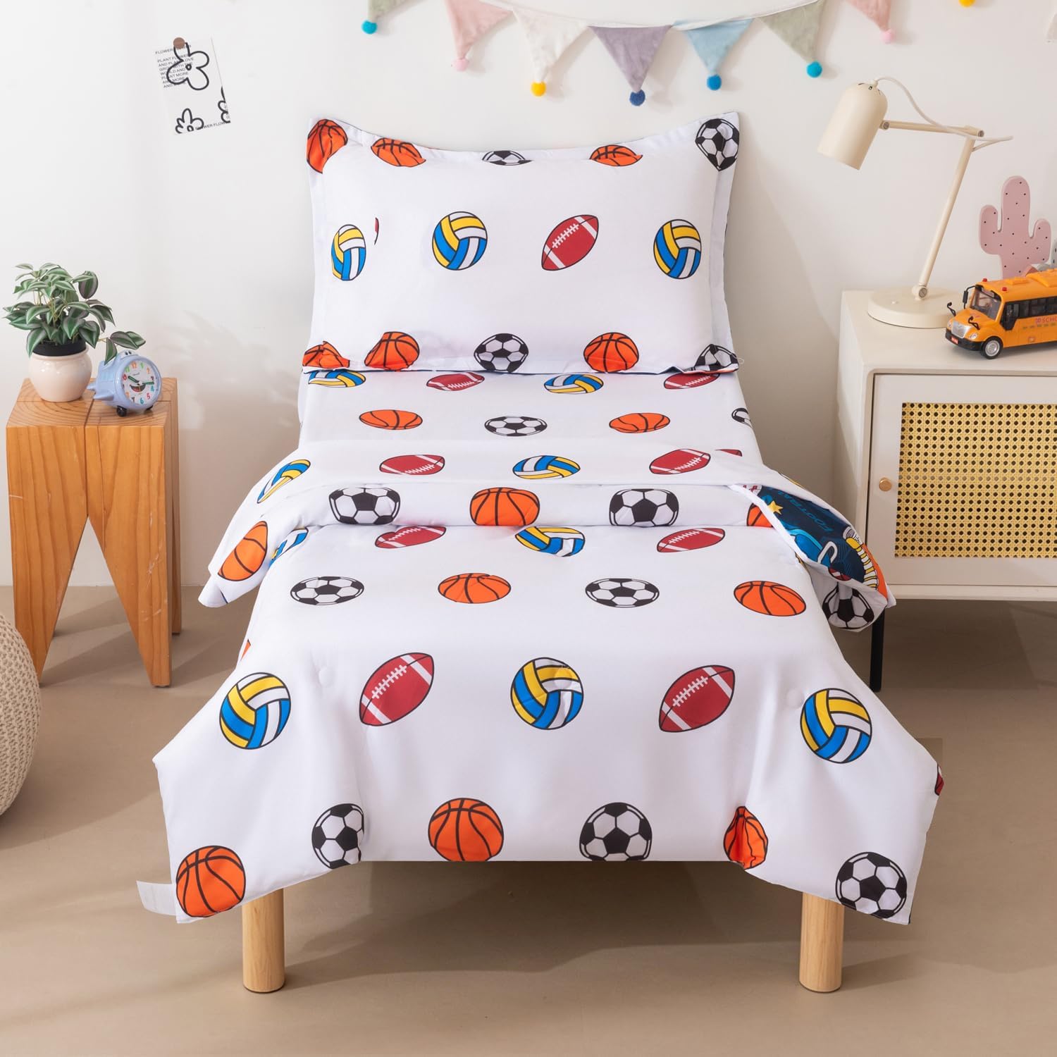 lishjekee Sports Toddler Bedding Set for Boys, 4 Pieces Bed in A Bag Toddler Comforter Sets, Super Soft Football Basketball Baseball Comforter Sheet Set Comfortable Microfiber Sports Game Bed Set