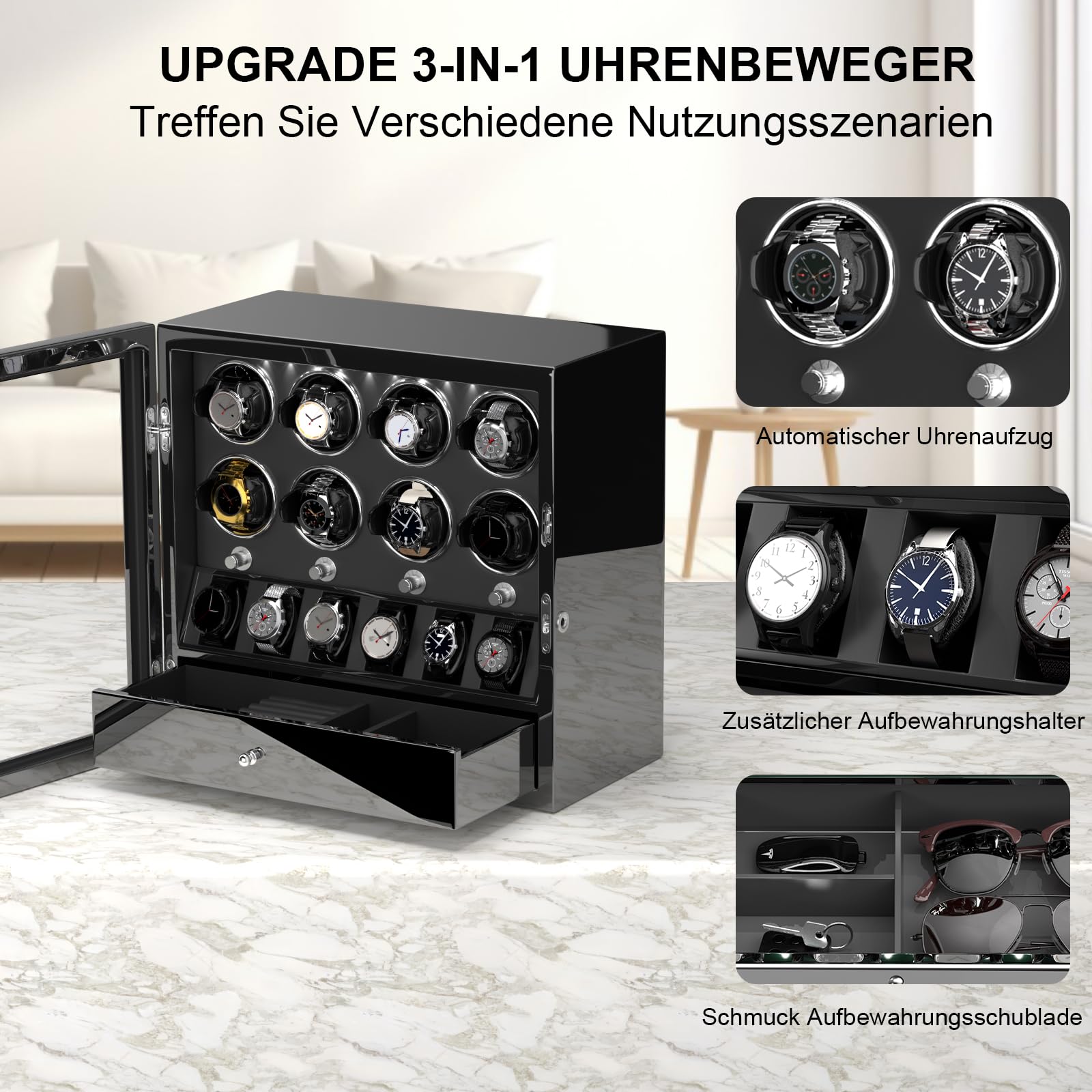 XTELARY Uhrenbeweger,Abschließbarer Uhrenbeweger für 2/4/6/8 mit 4 Rotationsmodi, Speicherplätzen,Aufbewahrungsschublade, Weißes LED-Licht Superleiser Motor und Federuhrkissen für Herren und Damen