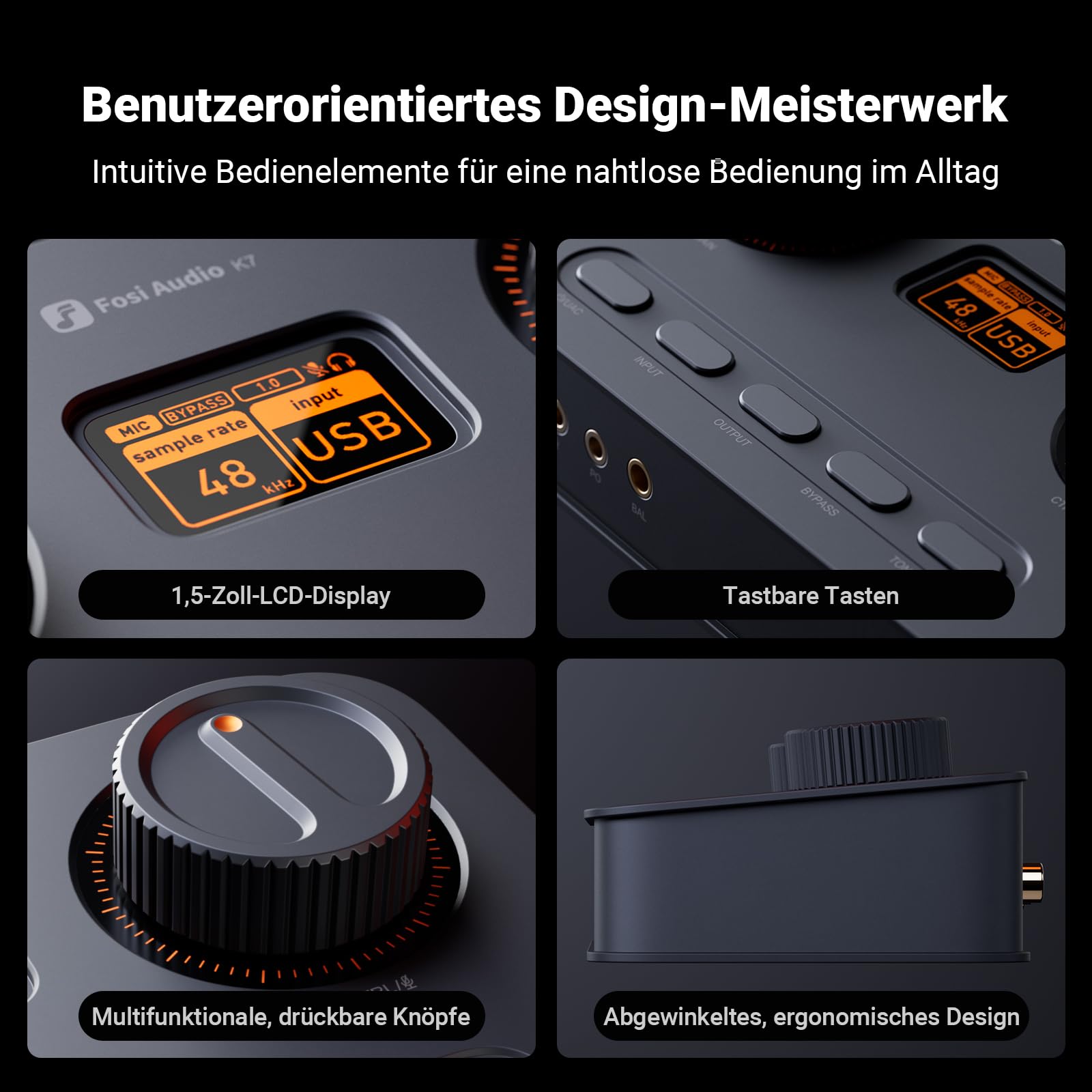 Fosi Audio K7 DAC Kopfhörerverstärker, USB-C-Digital-Analog-Audio-Konverter für Gaming-PC PS5, optischer/koaxialer/Bluetooth aptX HD LL-/Mikrofoneingang, 3,5 mm/4,4 mm symmetrischer/RCA-Ausgang