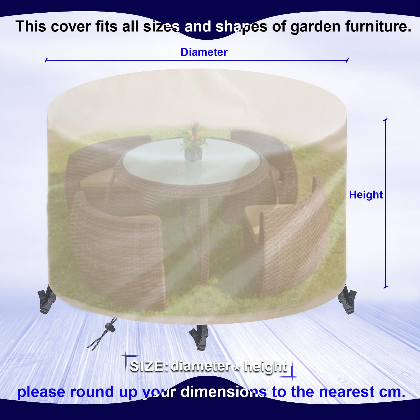 Copertura Rotonda per Mobili da Giardino Impermeabile,Tessuto Oxford 420D,Copertura Tavolo da Esterno Antivento, Anti-UV, Copri Tavolo da Esterno Rotondo,Ø110x75cm,Beige