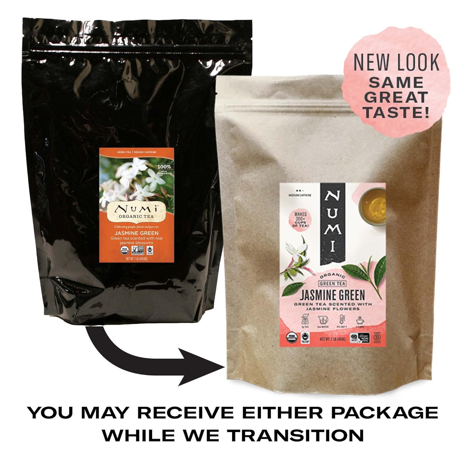 Numi Organic Tea Jasmine Green, 16 Ounce Pouch, Loose Leaf Tea (Packaging May Vary) : Jasmine Tea Organic Loose : Grocery & Gourmet Food