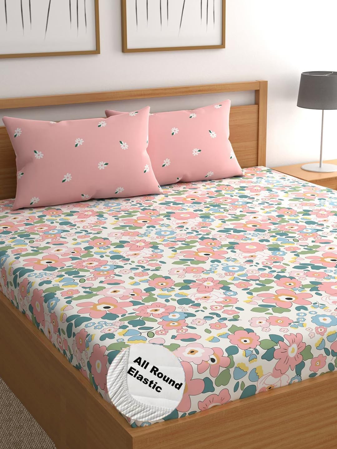LOOMLYFE 300 TC Cotton Feel Glace Cotton Elastic Fitted Printed King Size Double Bed Bedsheet with 2 Pillow Covers Fits Upto 8 inches Mattress Size- 72X78 Inches, Pinkflower
